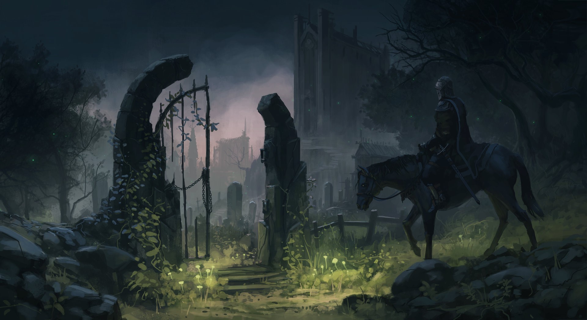 Horseman in a ruined graveyard at night HD Wallpaper