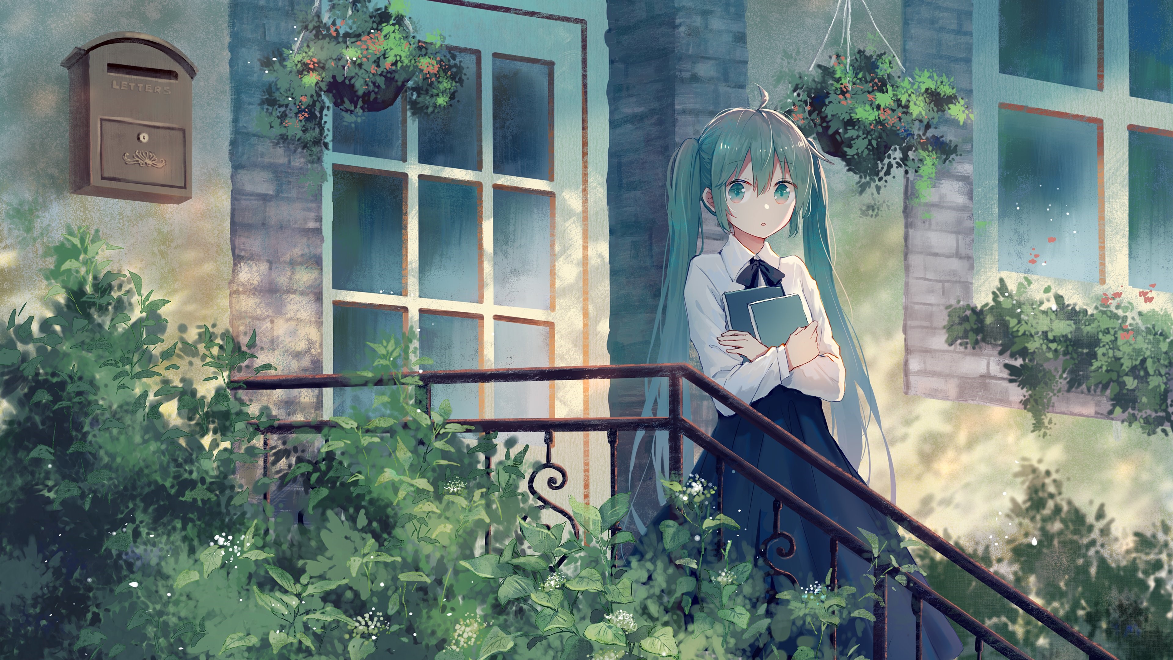 Hatsune Miku from Vocaloid holding books on stairs HD Wallpaper