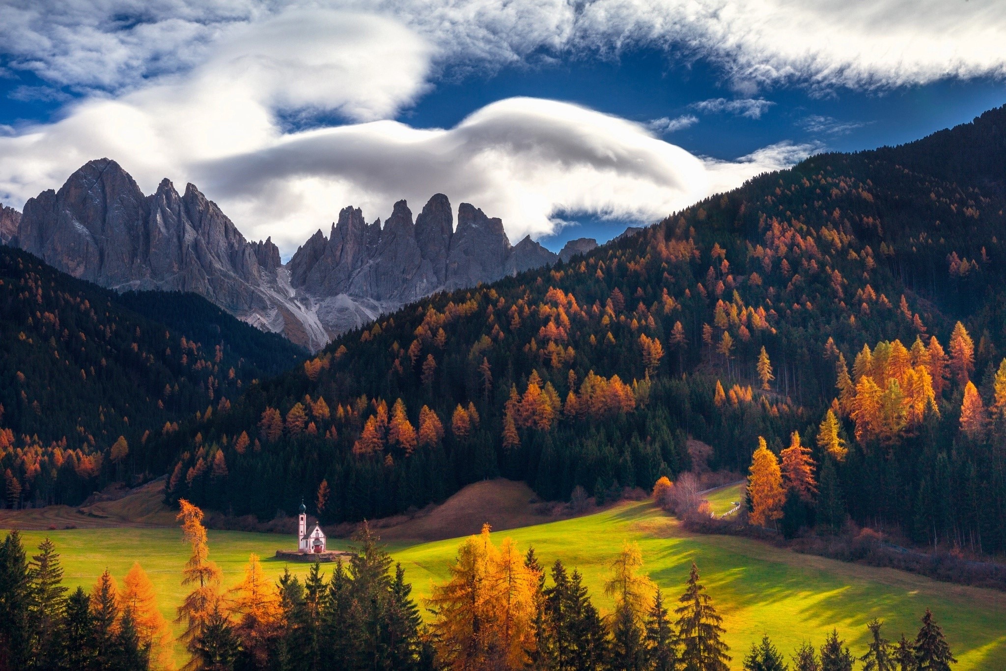 Autumnal Mountains with Church in Valley HD Wallpaper