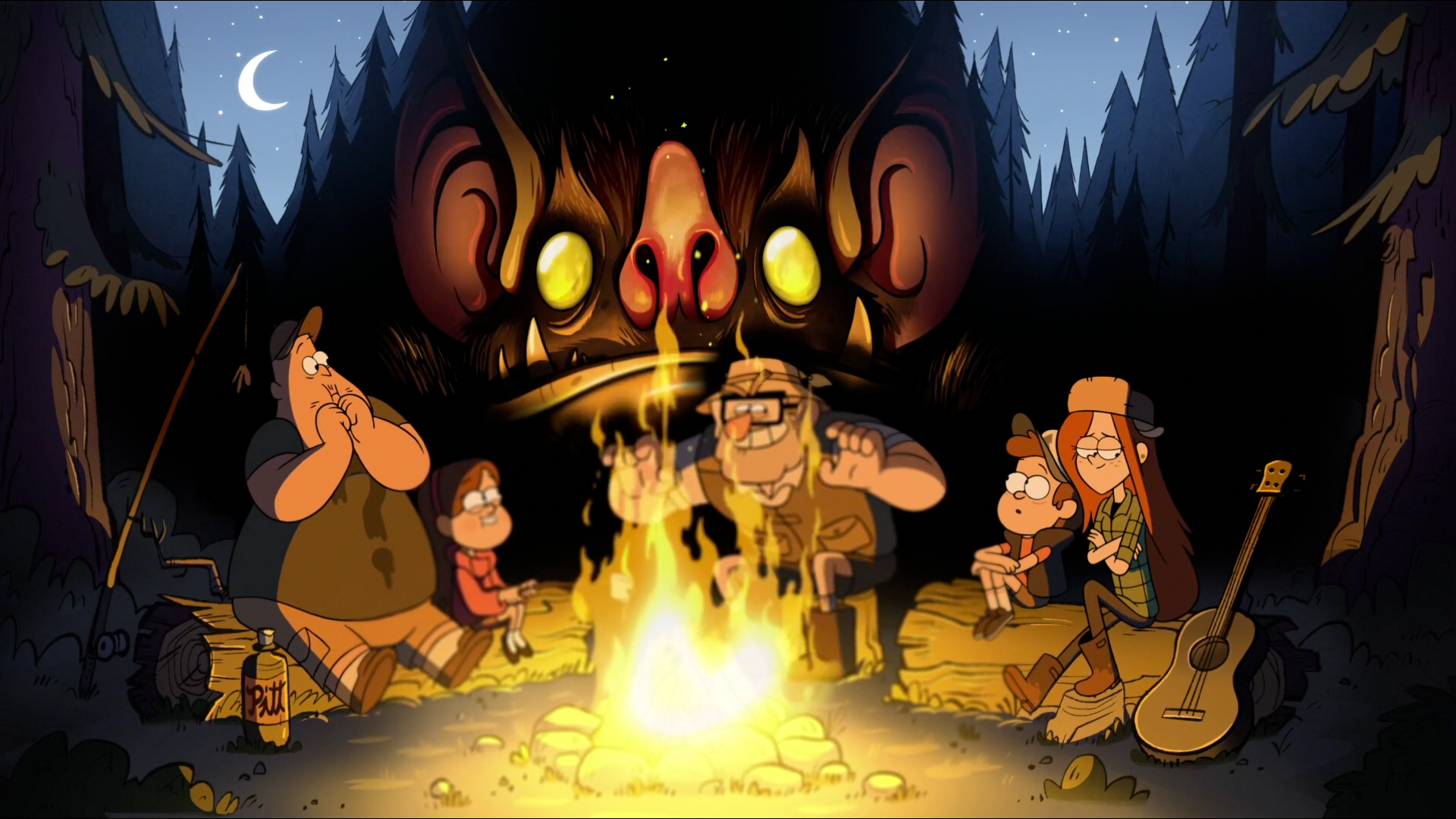 Gravity Falls characters around a campfire with a monster HD Wallpaper
