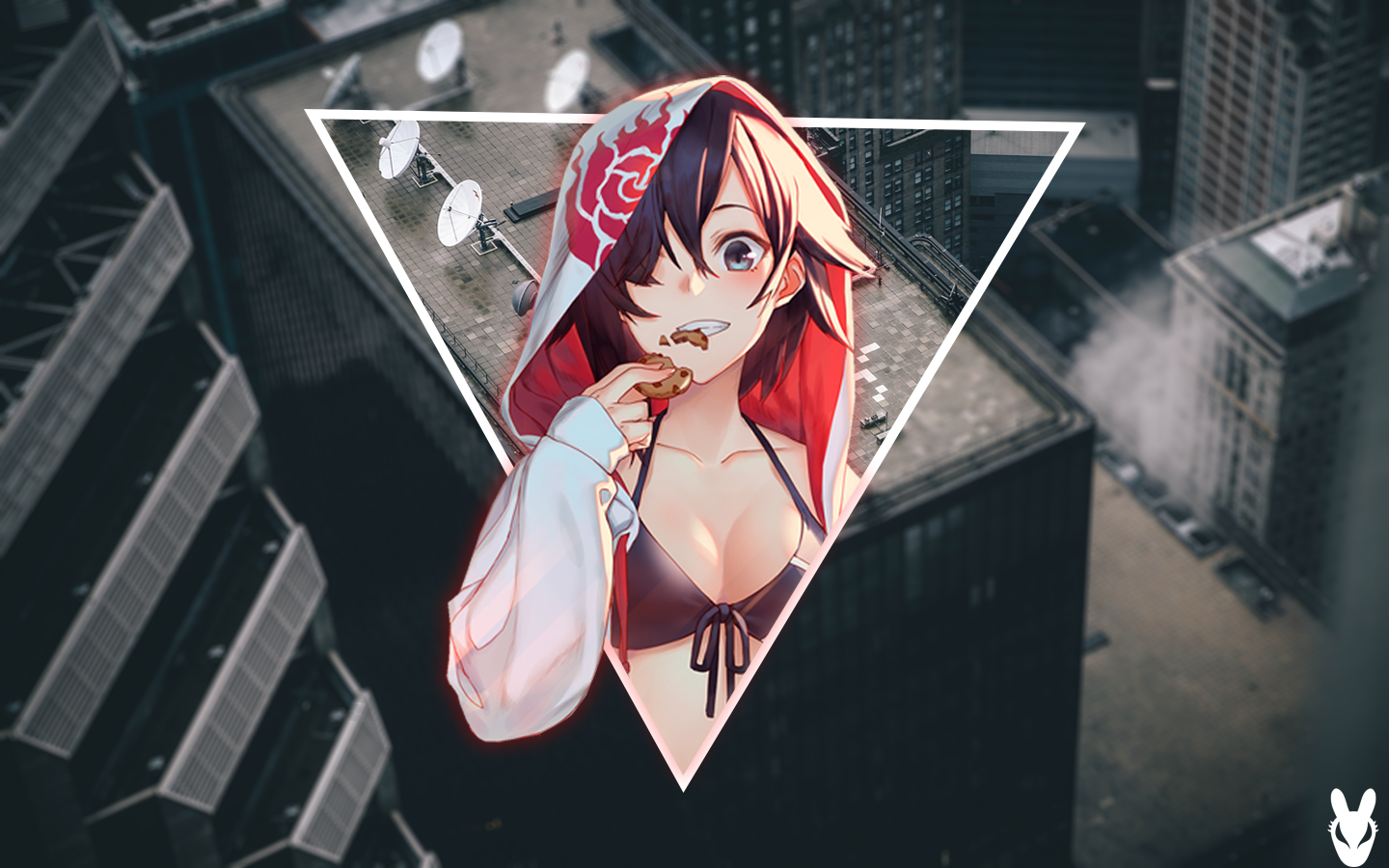 Anime girl in bikini eating cookie on city rooftop HD Wallpaper