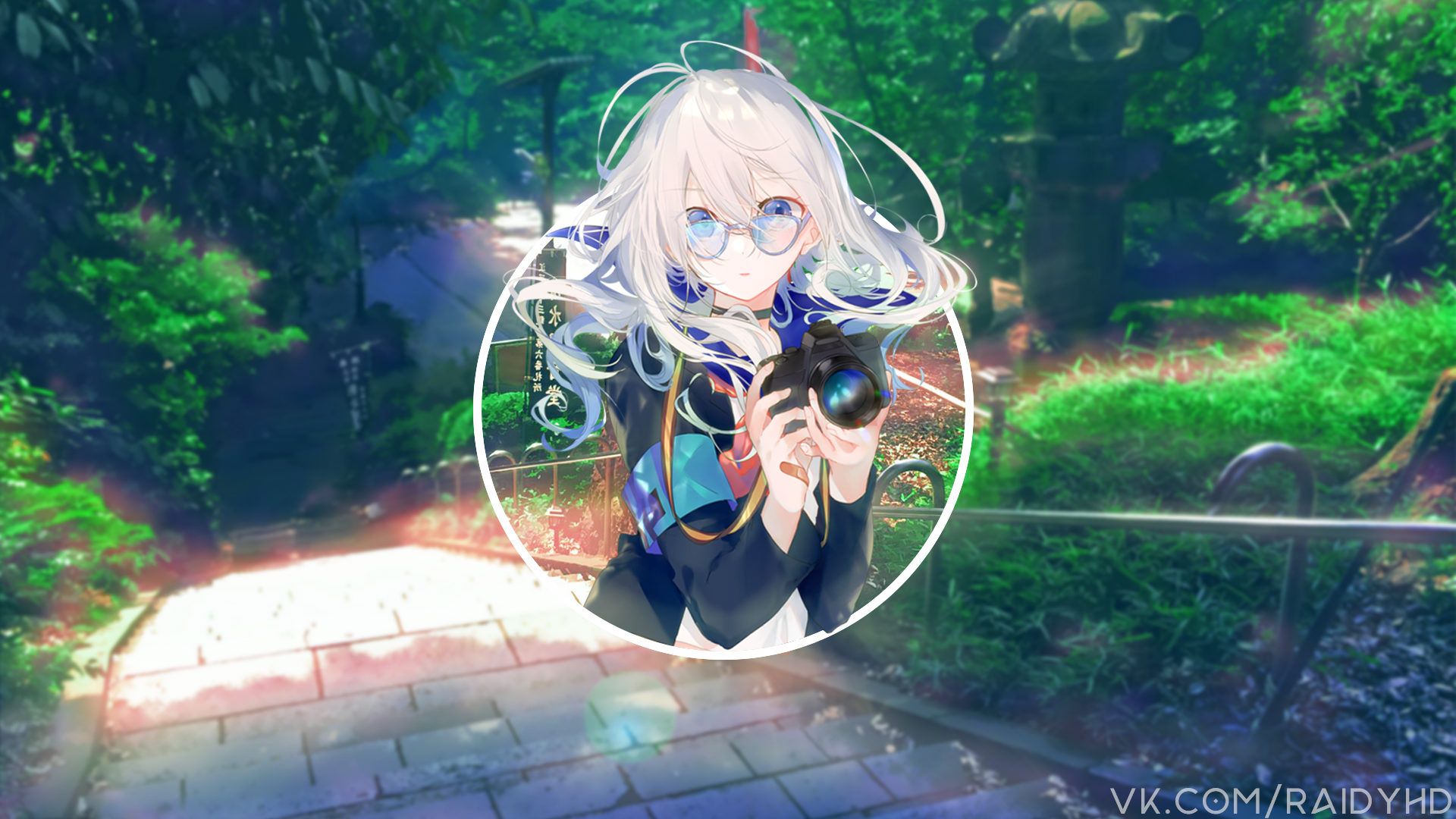 Anime girl with camera in a park HD Wallpaper