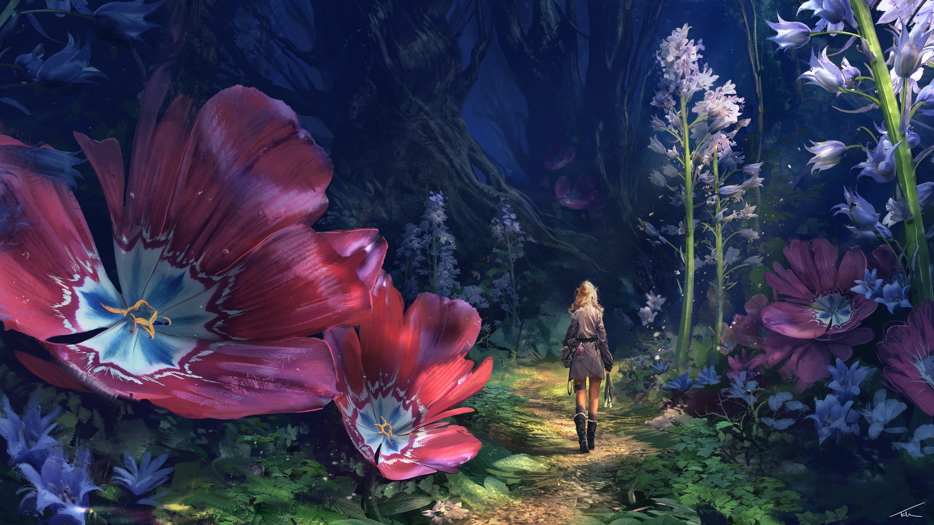Woman walking through a magical forest with giant flowers HD Wallpaper