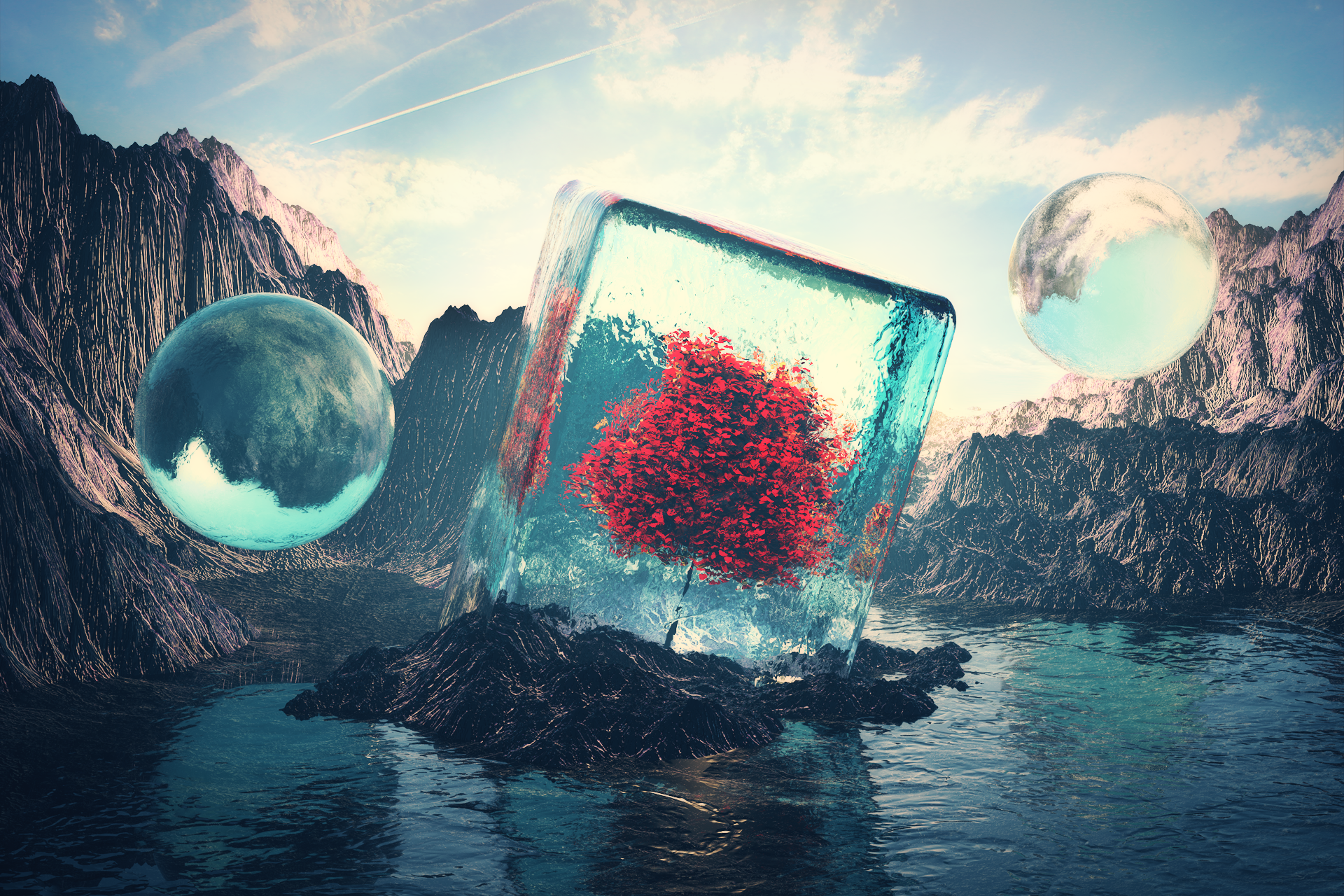 Surreal landscape with ice cube, red tree, and spheres HD Wallpaper