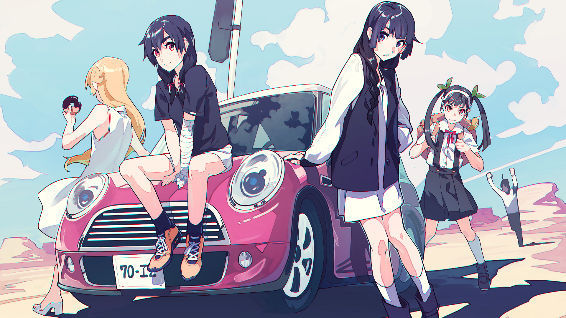 Girls from Monogatari Series with a Mini Cooper HD Wallpaper