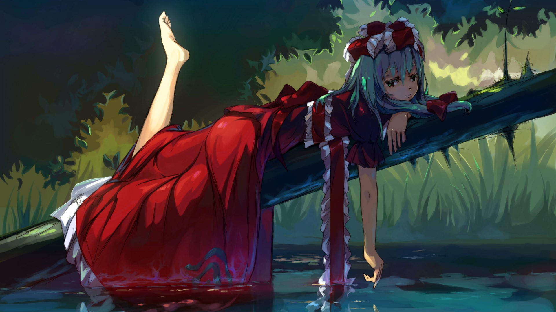 Kagiyama Hina from Touhou lying on a log in water HD Wallpaper