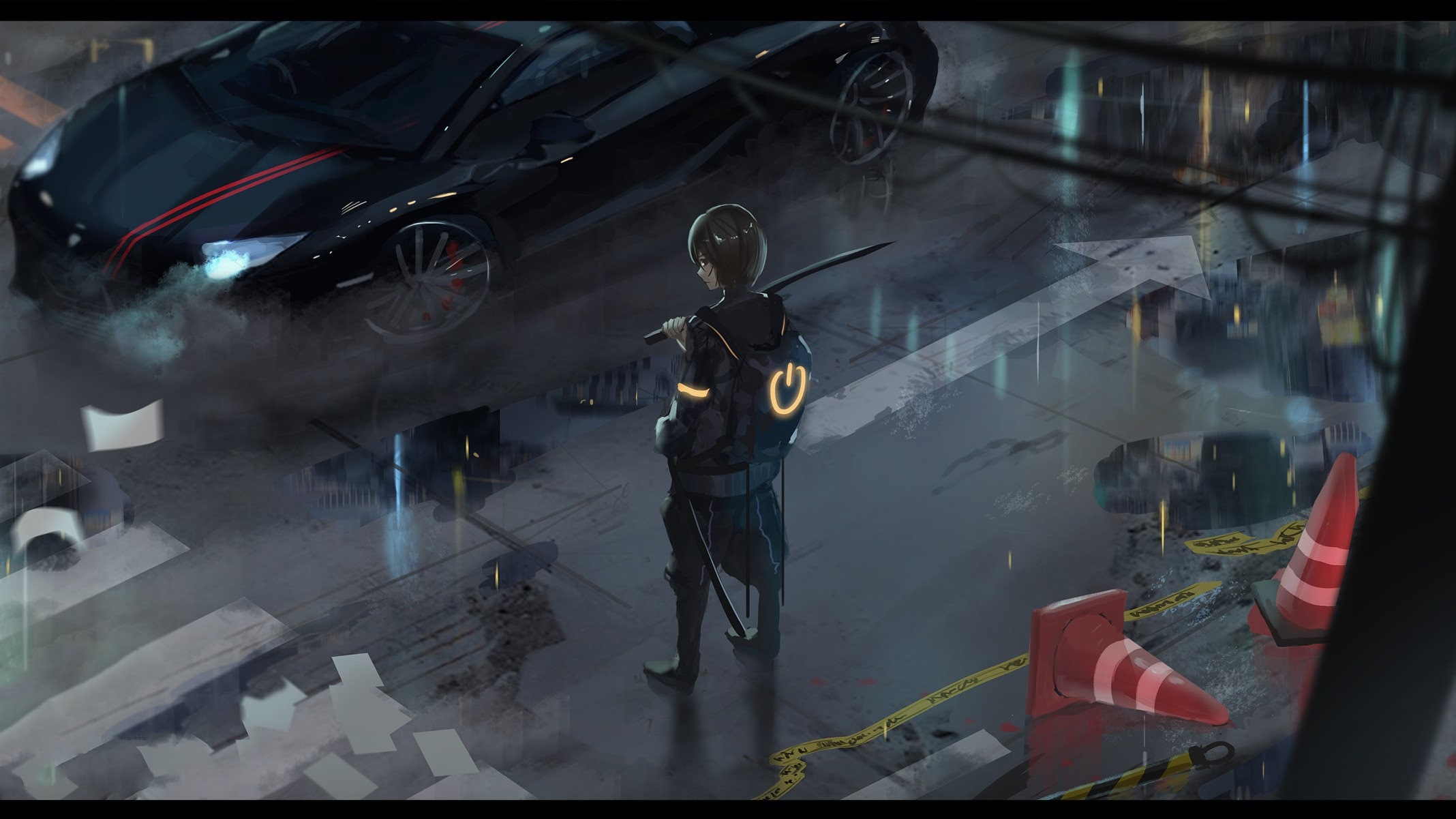 Anime girl with katana and black car in rain HD Wallpaper