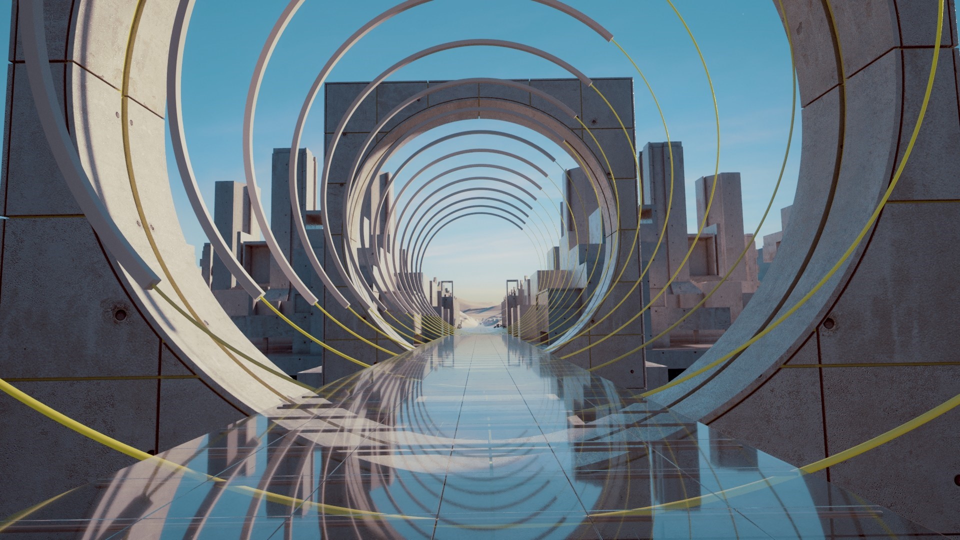 Sci-fi concrete archway with yellow rings and reflections HD Wallpaper