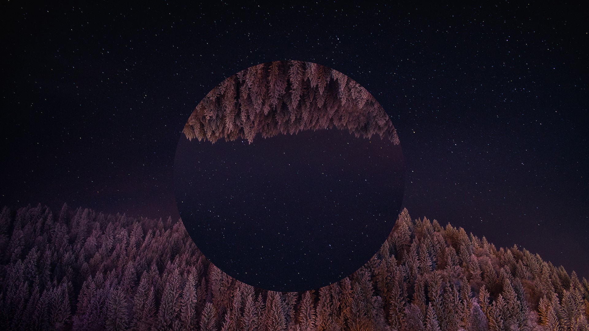 Abstract circle over snowy forest and starry night sky HD Wallpaper