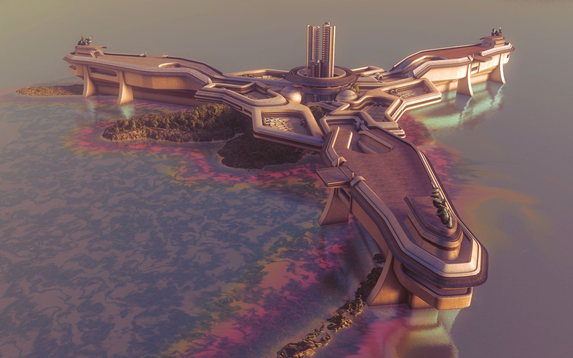 Futuristic science fiction building on water HD Wallpaper