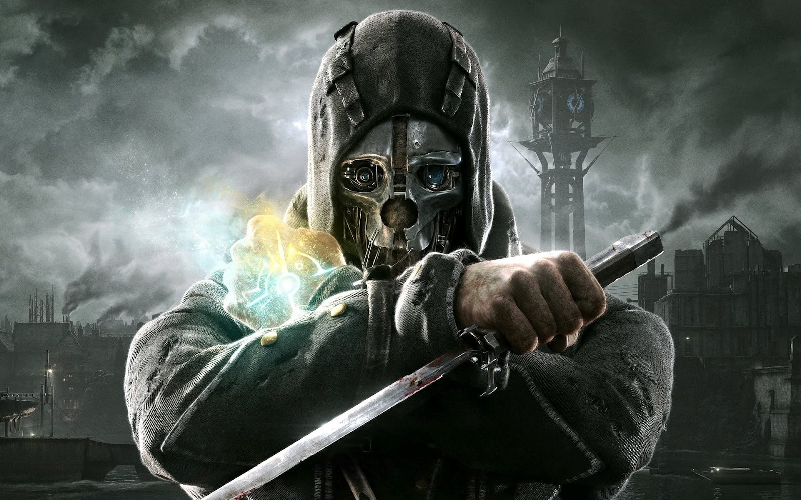 Corvo Attano from Dishonored holding a sword and magic HD Wallpaper