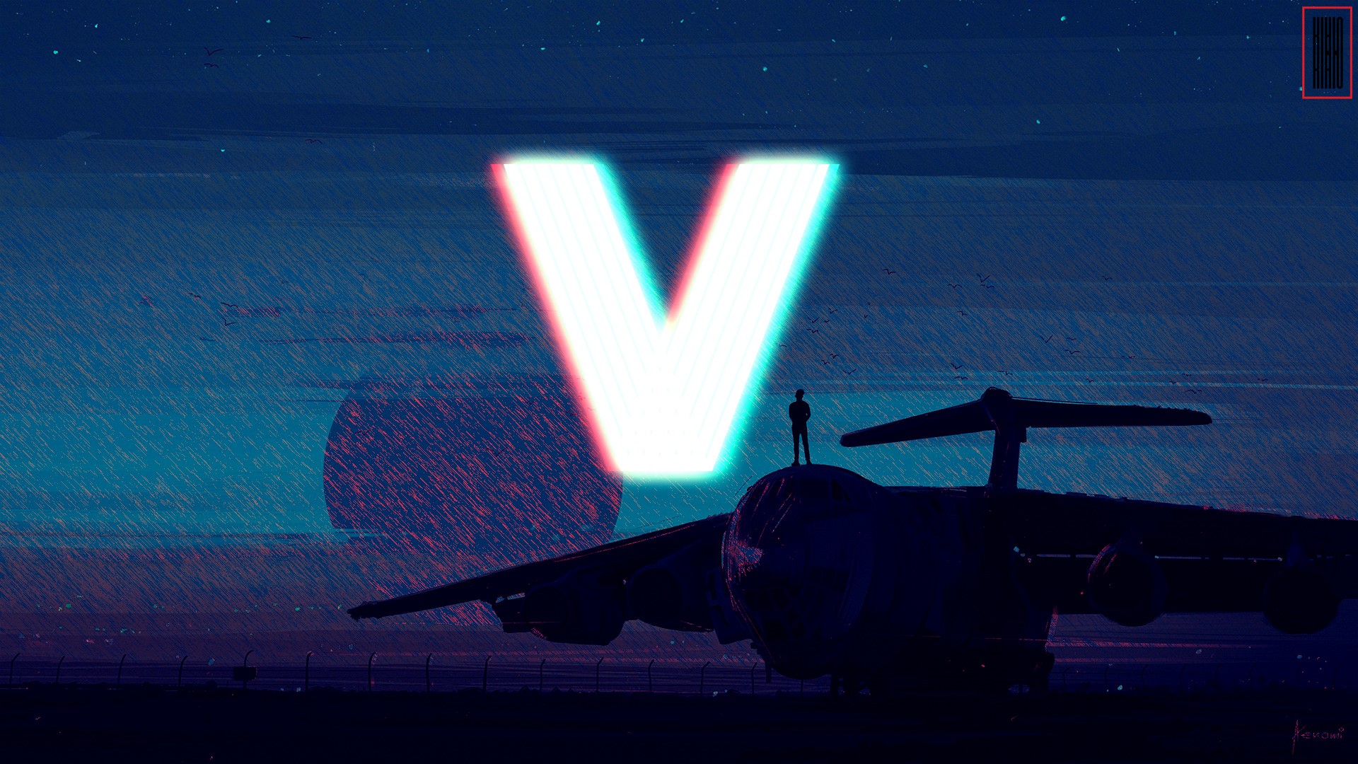 Silhouette of a man on an IL-76 with a large neon V HD Wallpaper