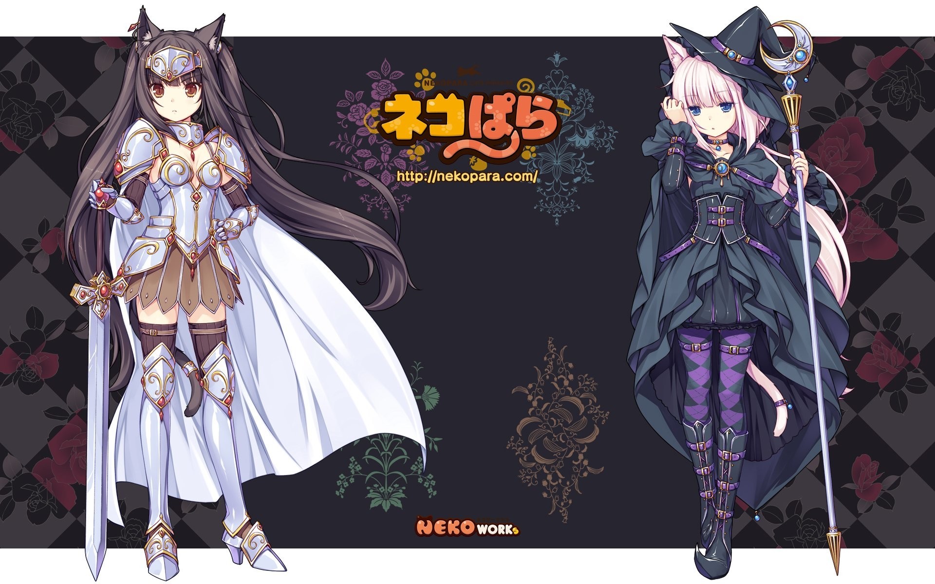 Two Neko Para characters, one in armor with a sword, the other a witch with a staff HD Wallpaper