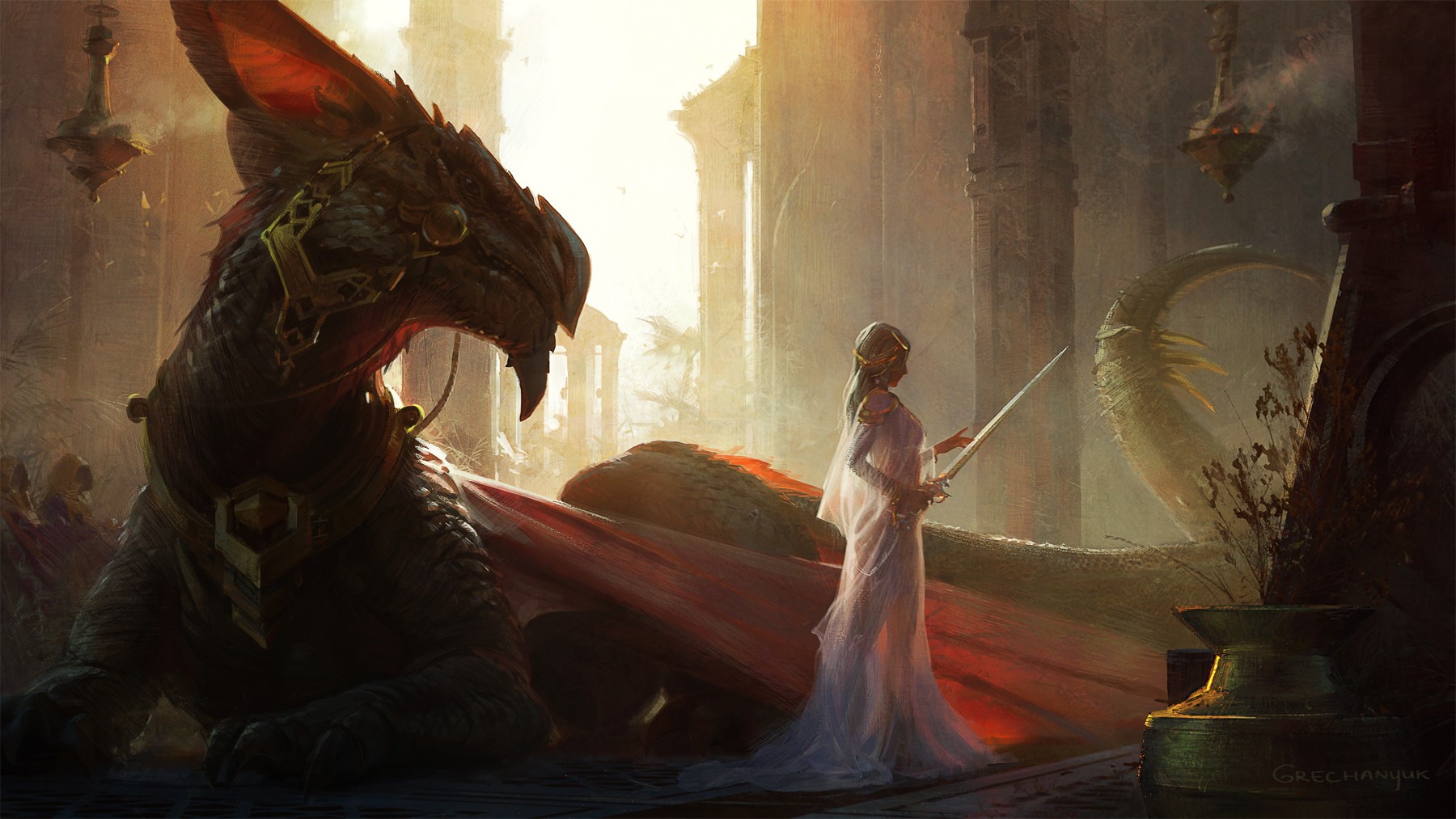 Woman with sword and dragon in ancient ruins HD Wallpaper
