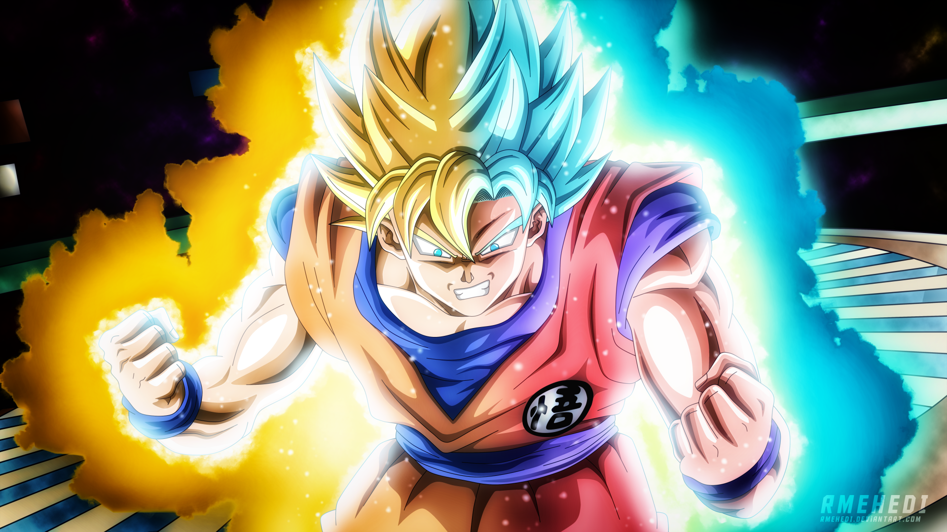 Son Goku from Dragon Ball Super with orange and cyan auras HD Wallpaper