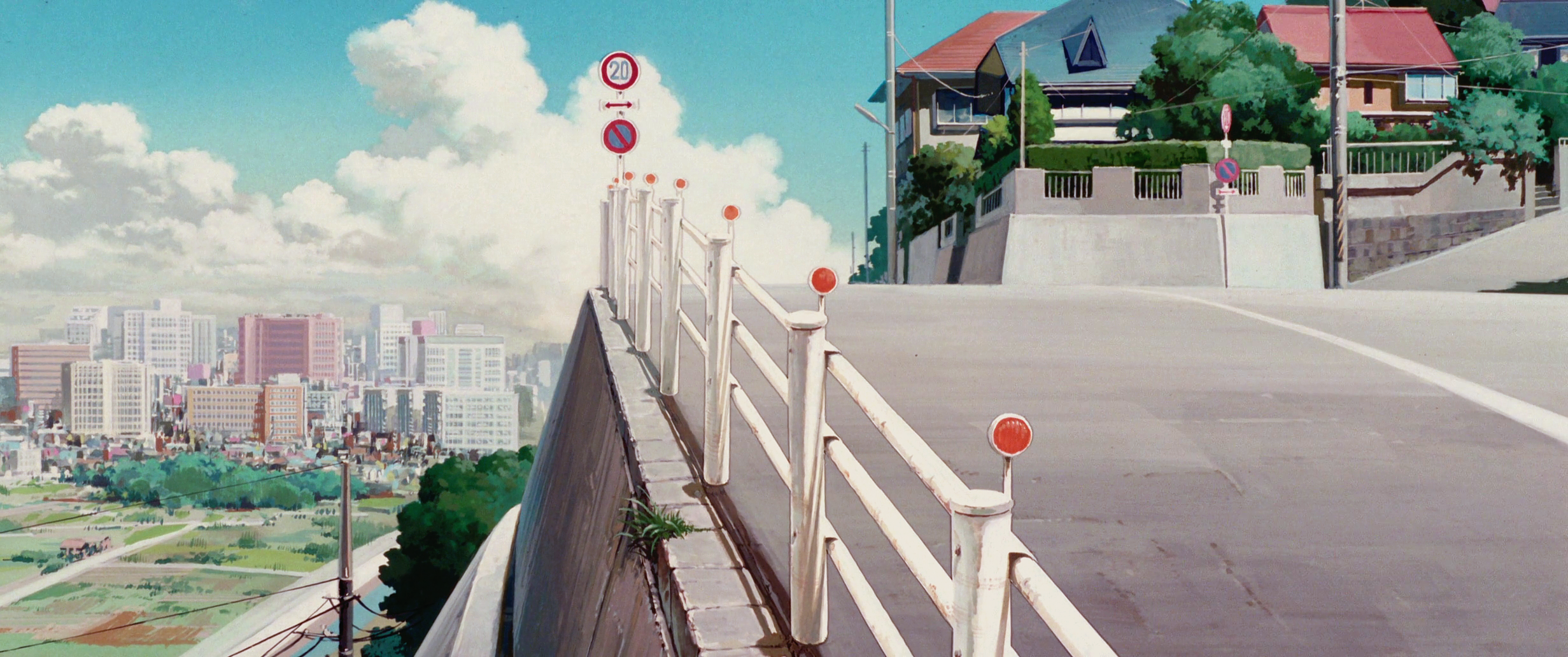 Anime cityscape with a road and guardrail HD Wallpaper