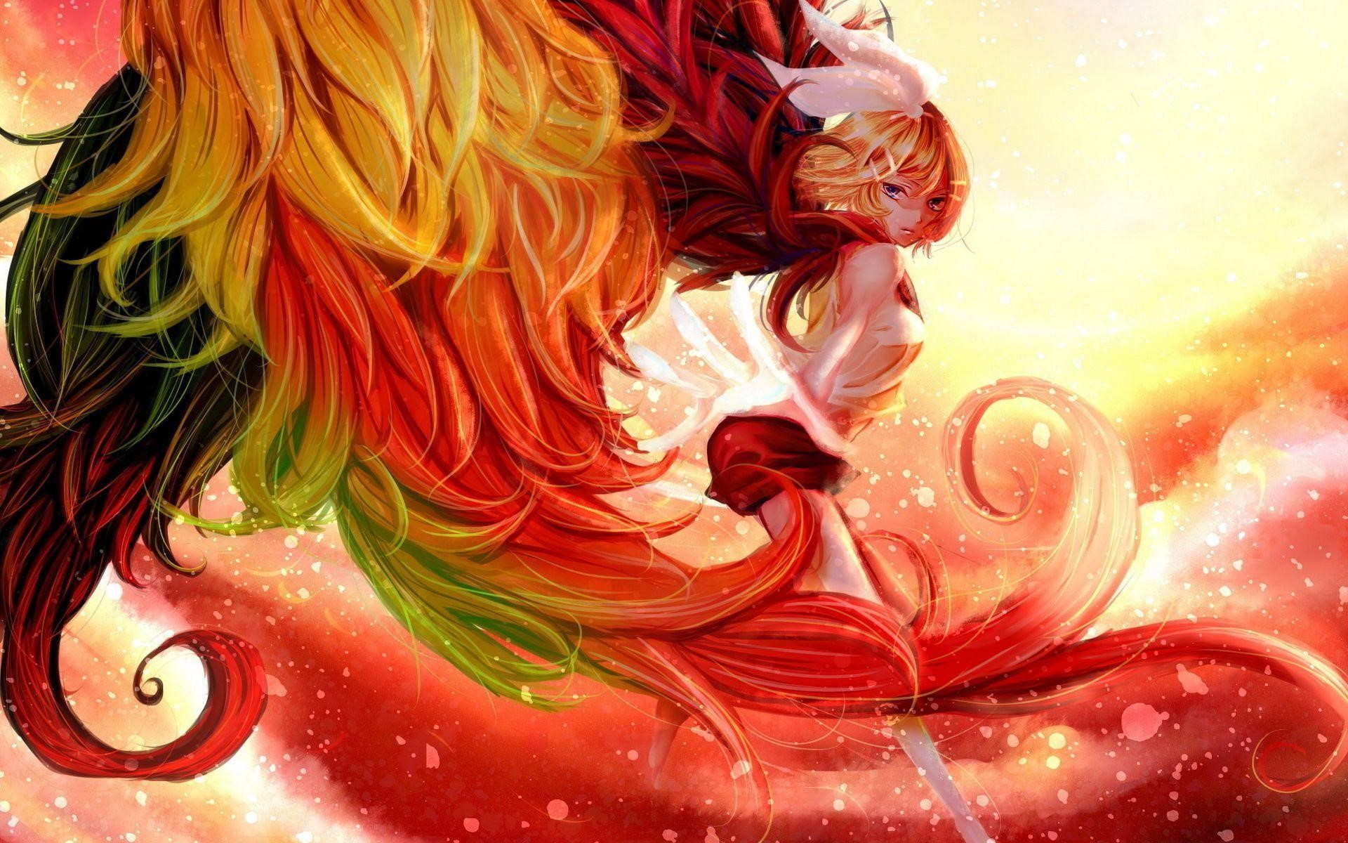 Kagamine Rin from Vocaloid with fiery hair HD Wallpaper