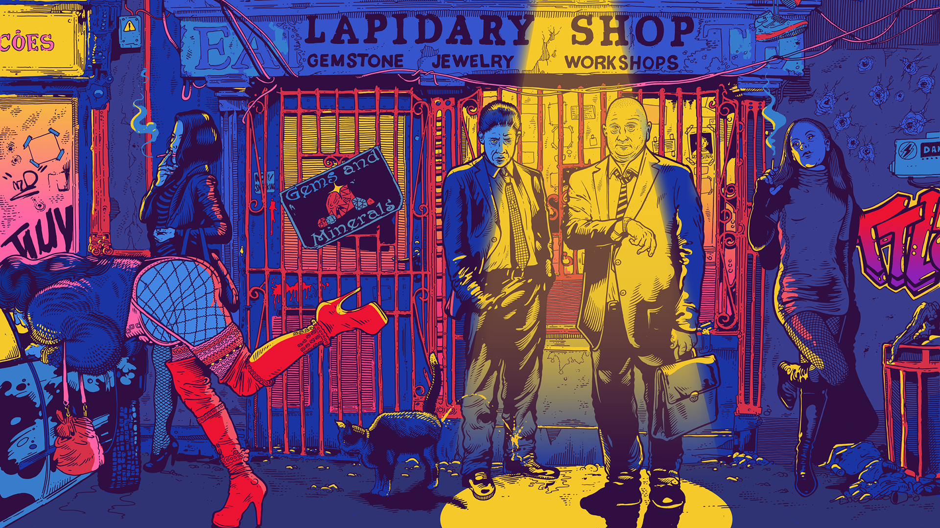Lapidary Shop with People and Cats HD Wallpaper