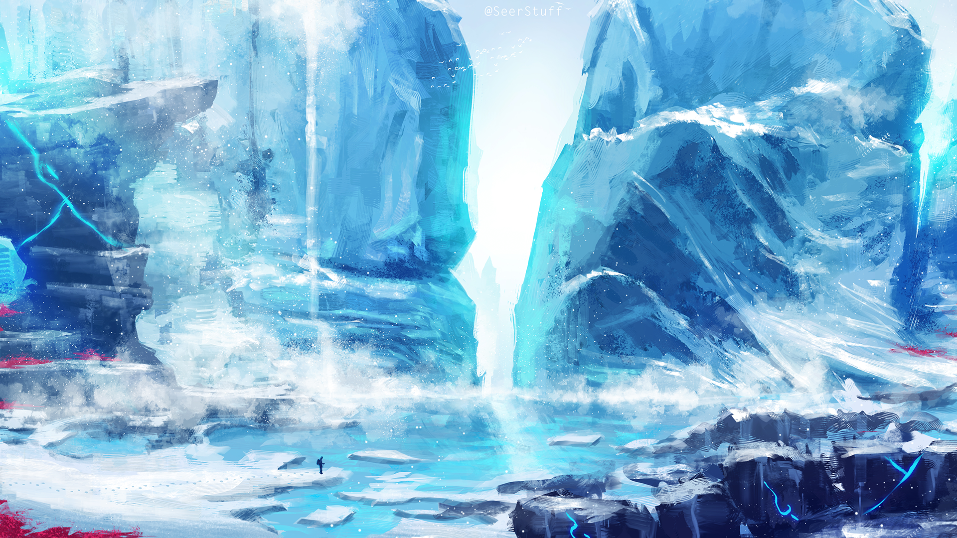 Digital art of an icy landscape with waterfalls HD Wallpaper