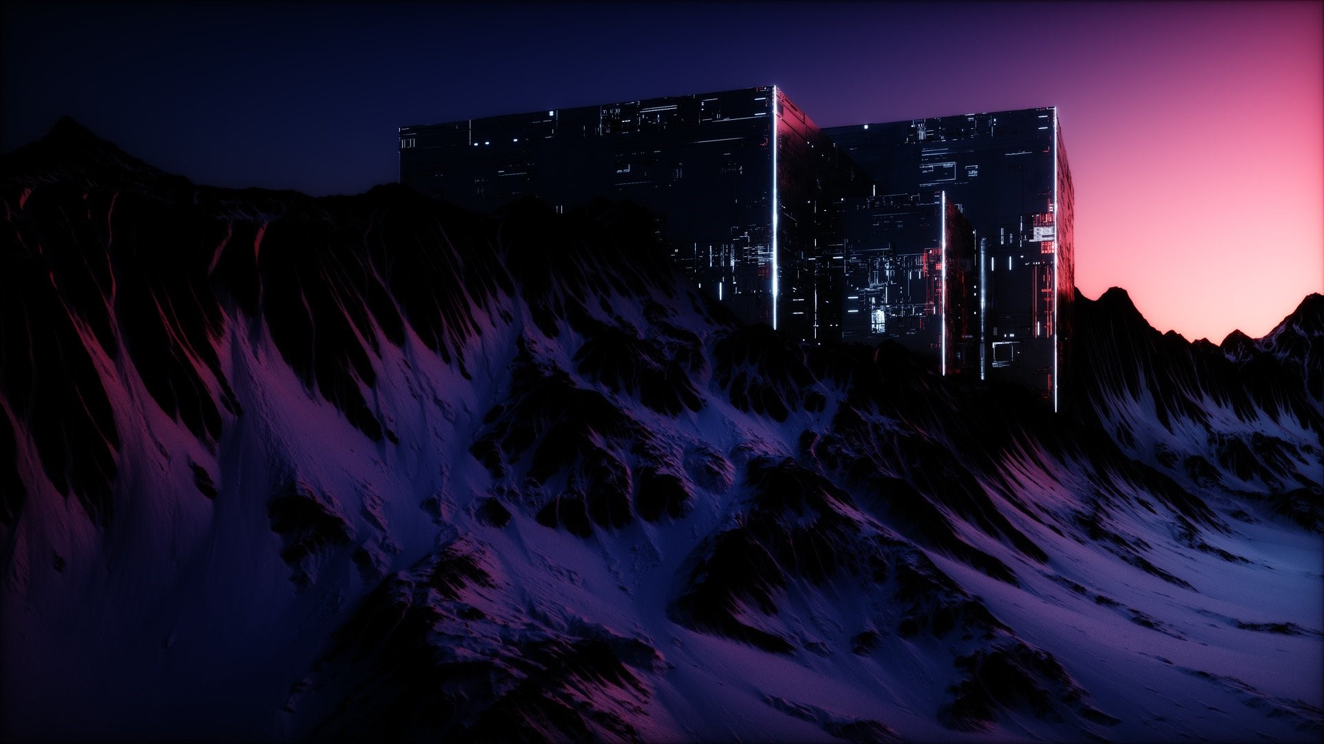Futuristic structures on a snowy mountain at sunset HD Wallpaper