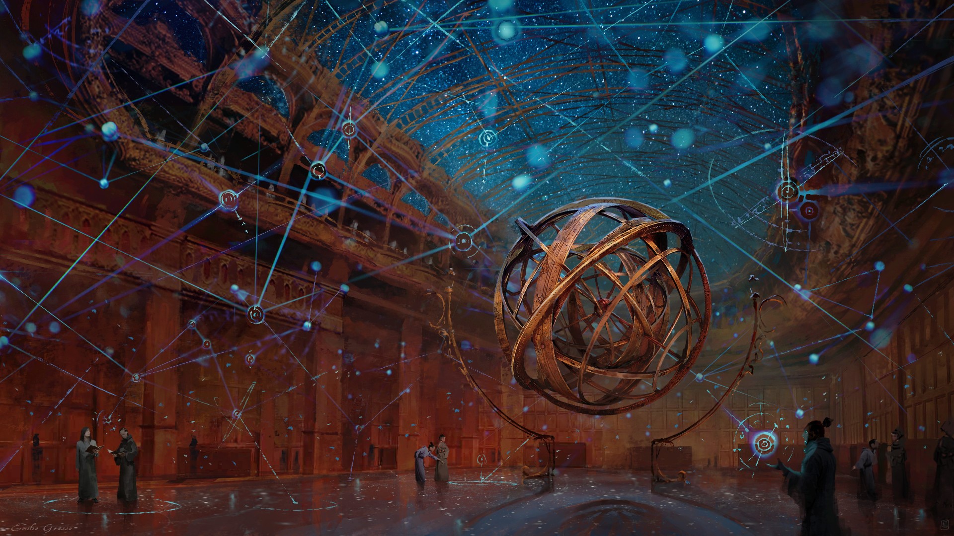Fantasy Art of a Celestial Orrery in a Grand Hall HD Wallpaper