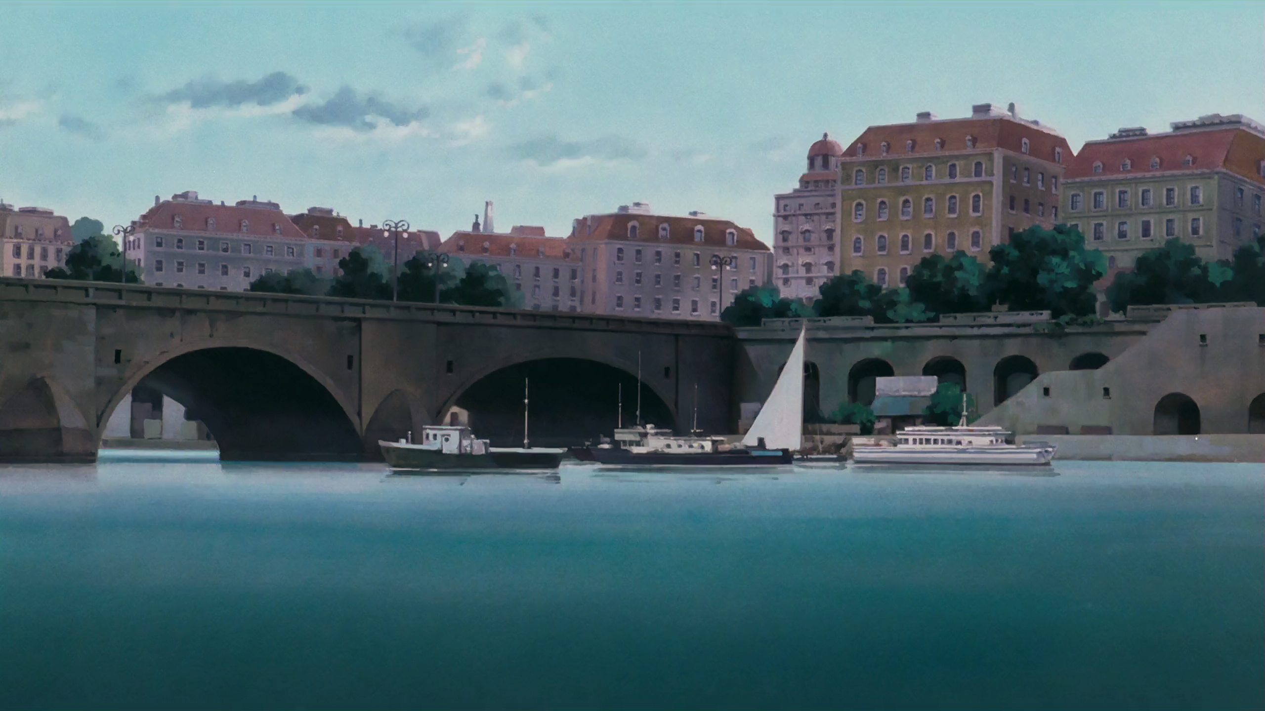 Anime cityscape with bridge and boats on a river HD Wallpaper
