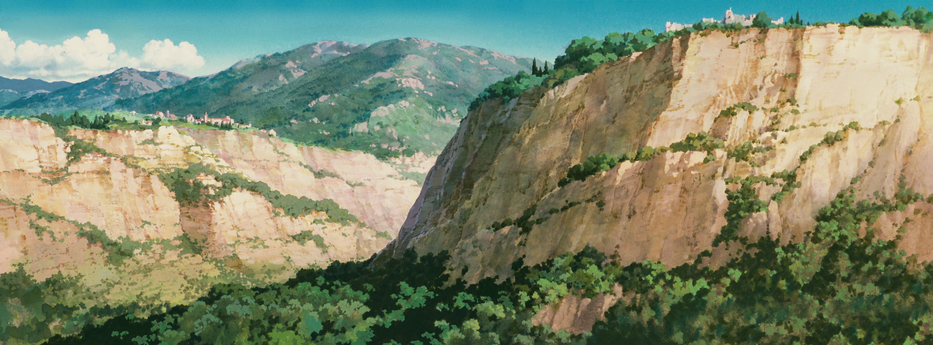 Anime landscape with mountains and a village HD Wallpaper
