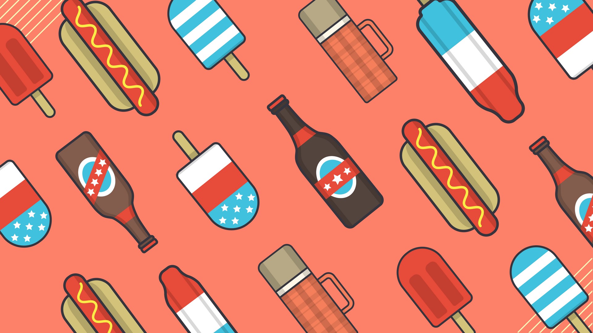 Hot dogs, popsicles, and bottles on a coral background HD Wallpaper