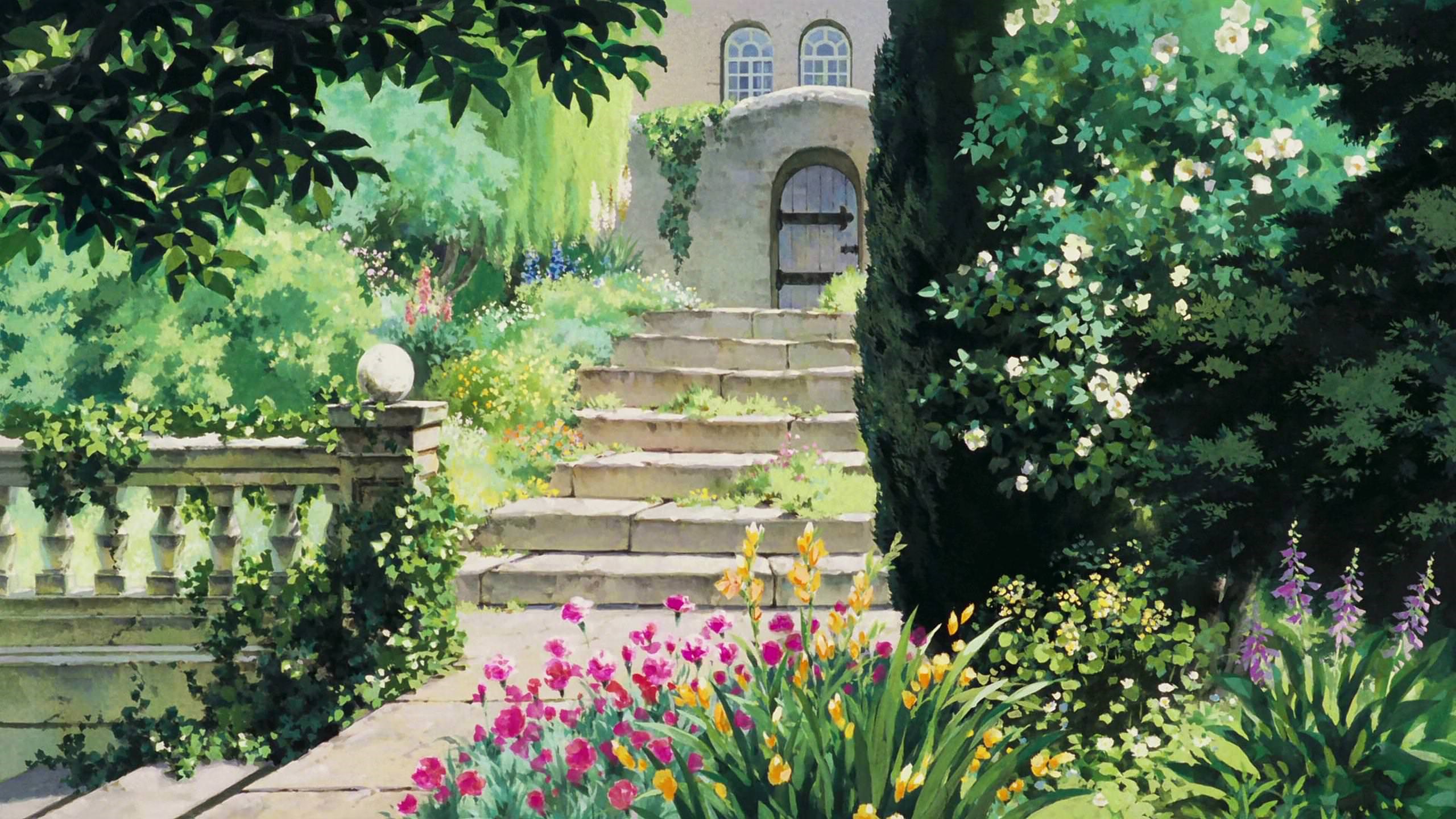 Garden with stone stairs and flowers HD Wallpaper