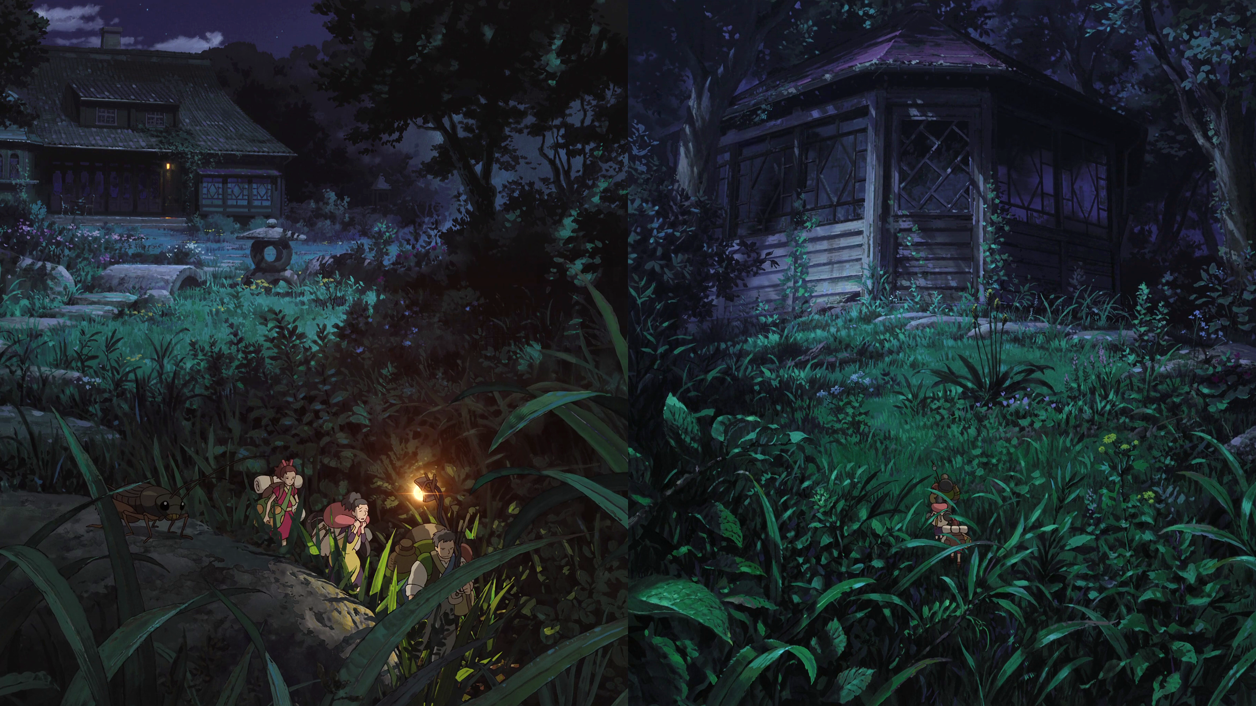 Arrietty and companions in a garden at night HD Wallpaper