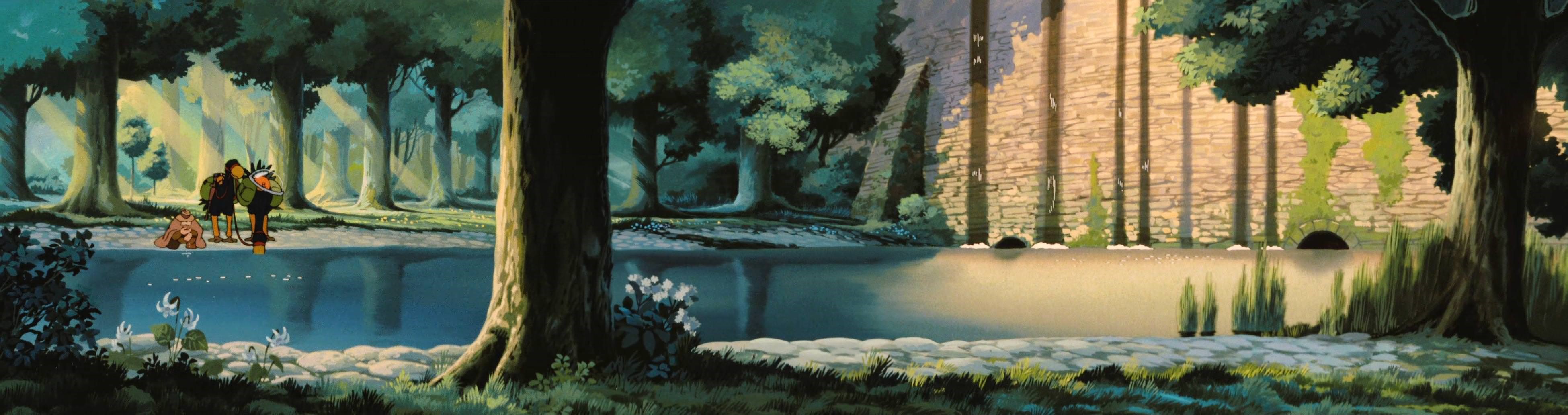 Anime forest scene with characters by a river HD Wallpaper