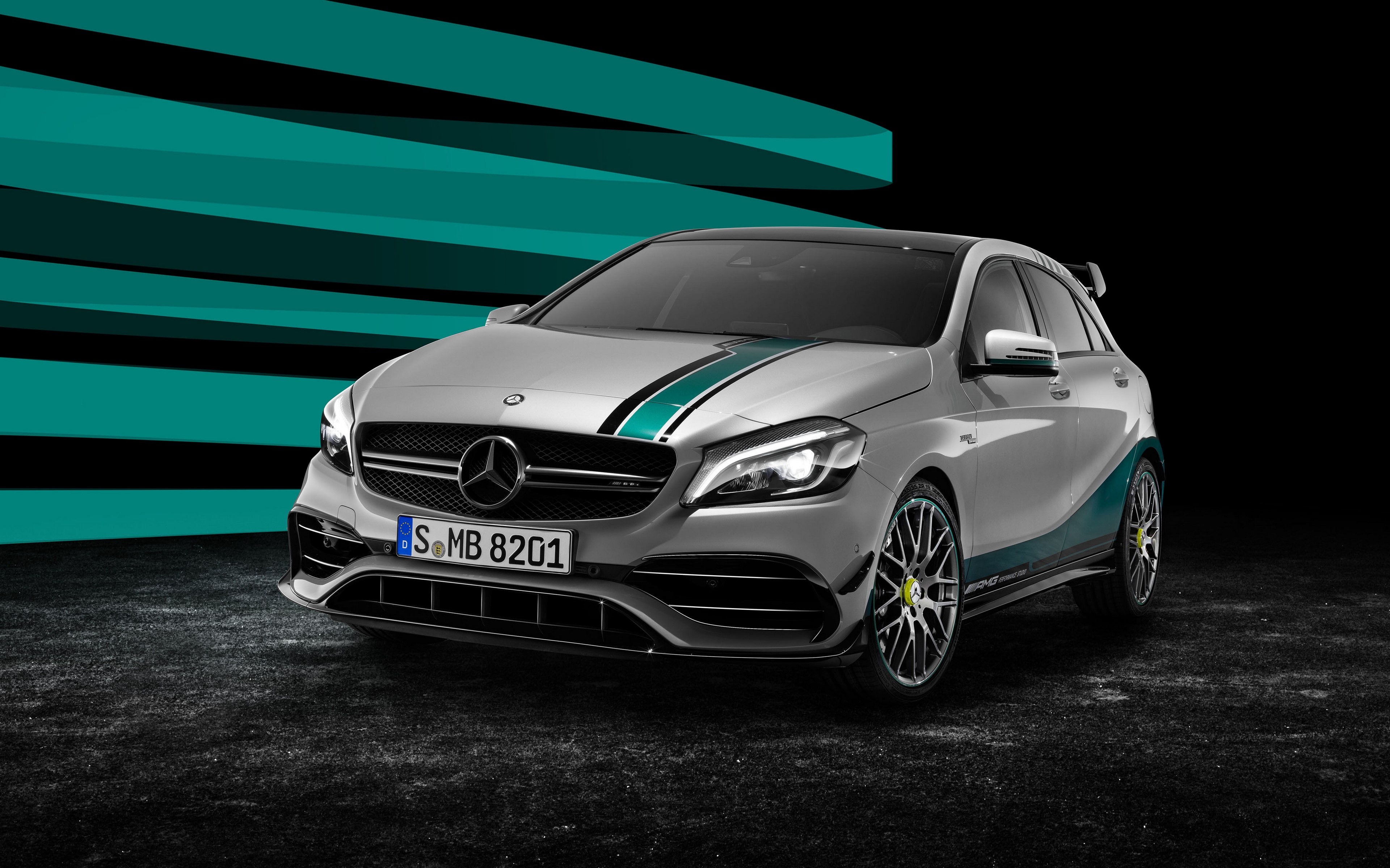 4K Mercedes Benz silver car with racing stripes HD Wallpaper