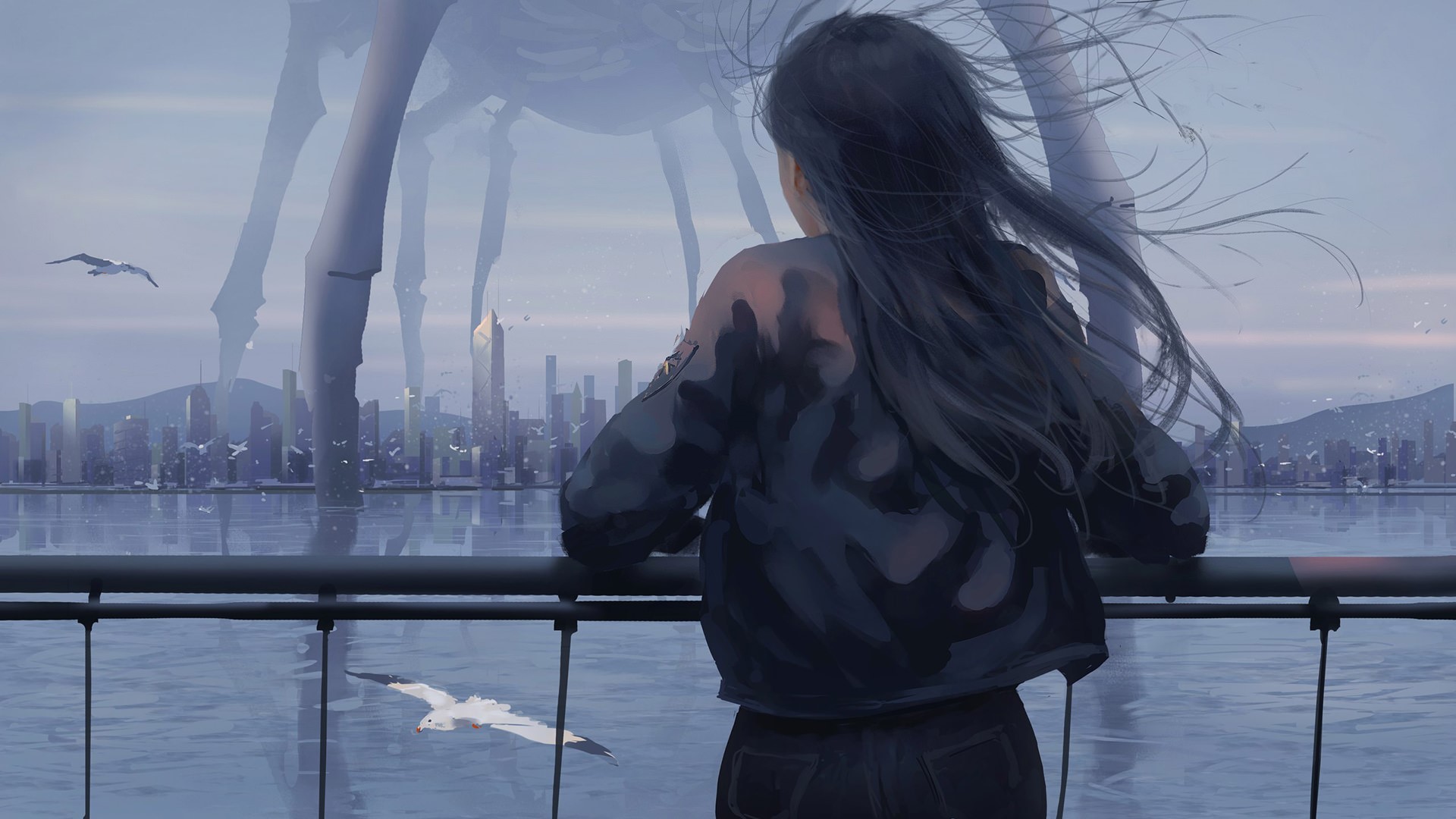 Girl looking at a giant creature over a city skyline HD Wallpaper
