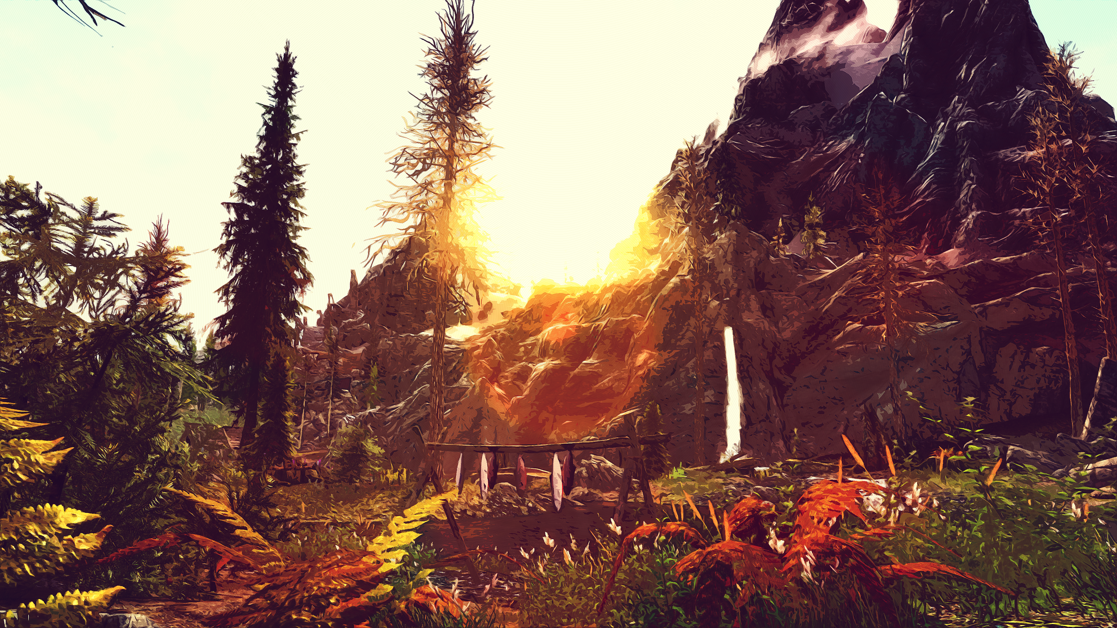 The Elder Scrolls V: Skyrim landscape with mountains and trees HD Wallpaper