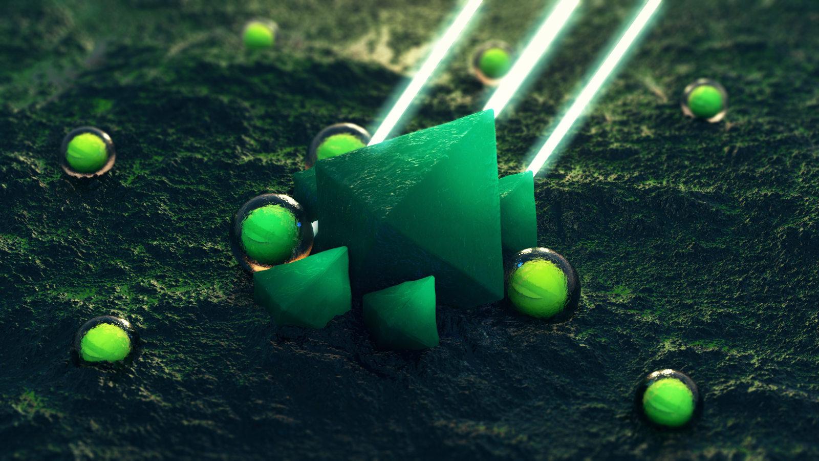 Green geometric shapes and spheres on textured ground with light beams HD Wallpaper