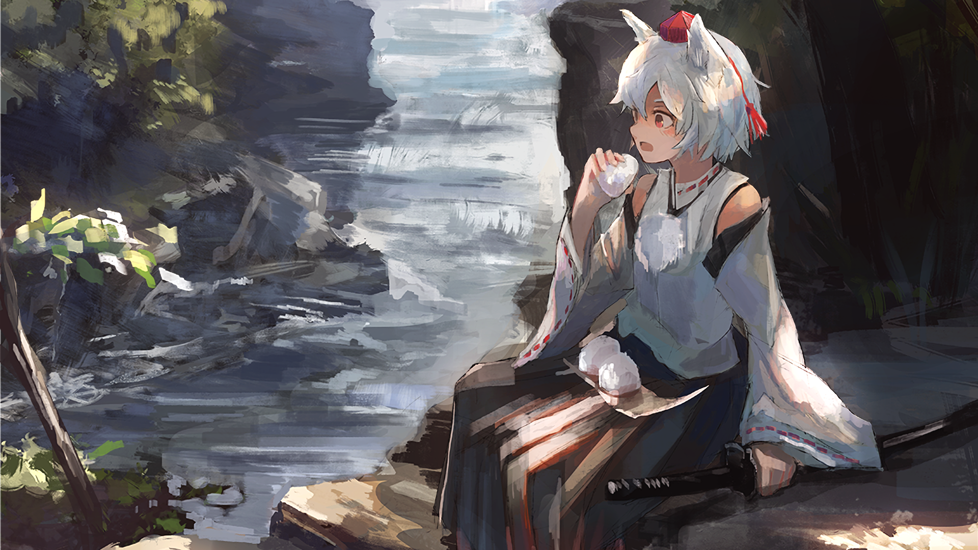Inubashiri Momiji from Touhou sitting by a stream HD Wallpaper