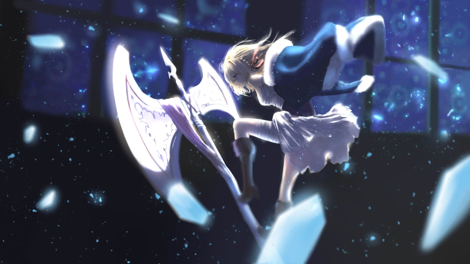 Anime girl with a large axe in a dark, starry environment HD Wallpaper