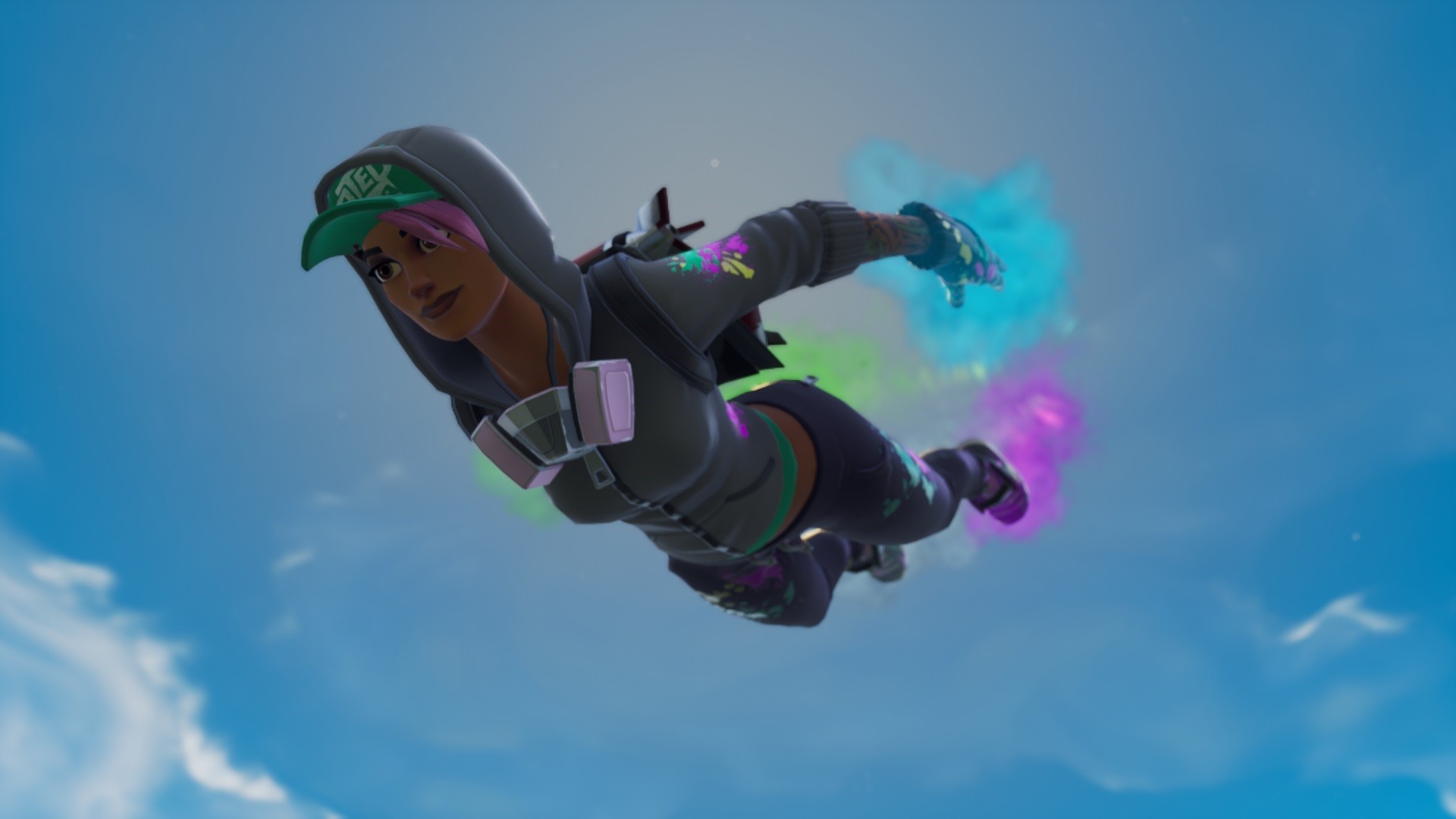Fortnite character skydiving with colorful smoke HD Wallpaper