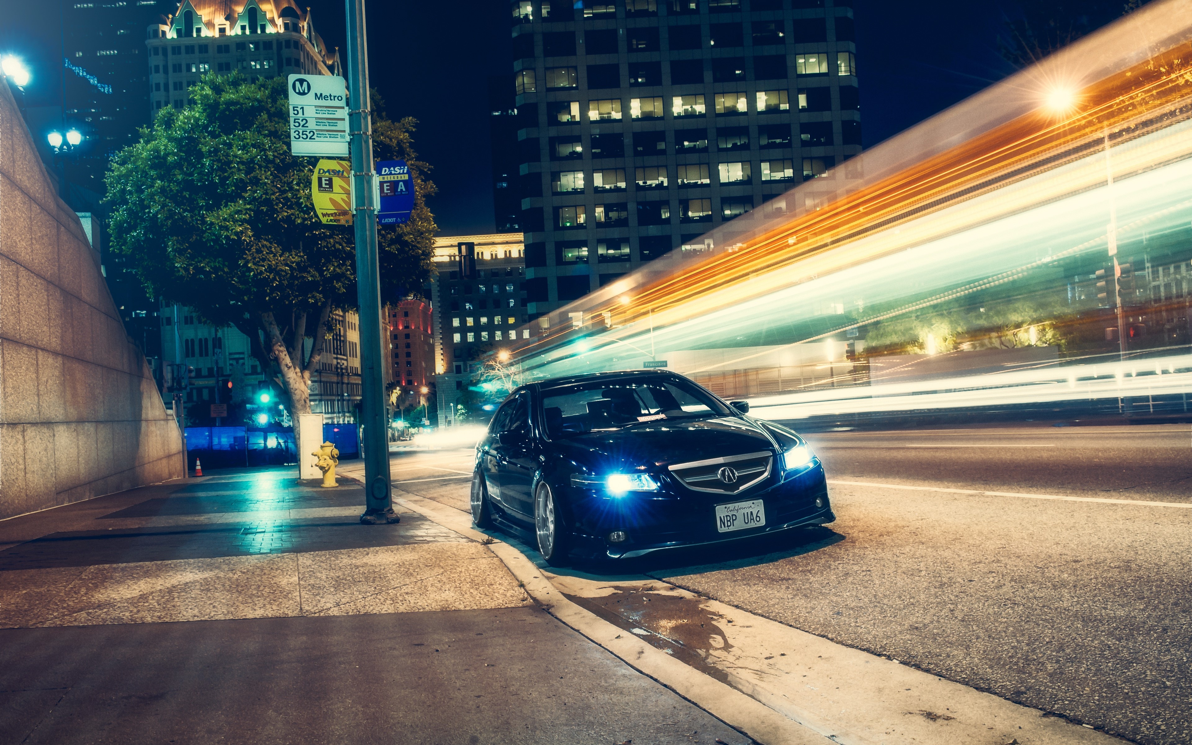 Black Acura TL parked on a city street at night HD Wallpaper