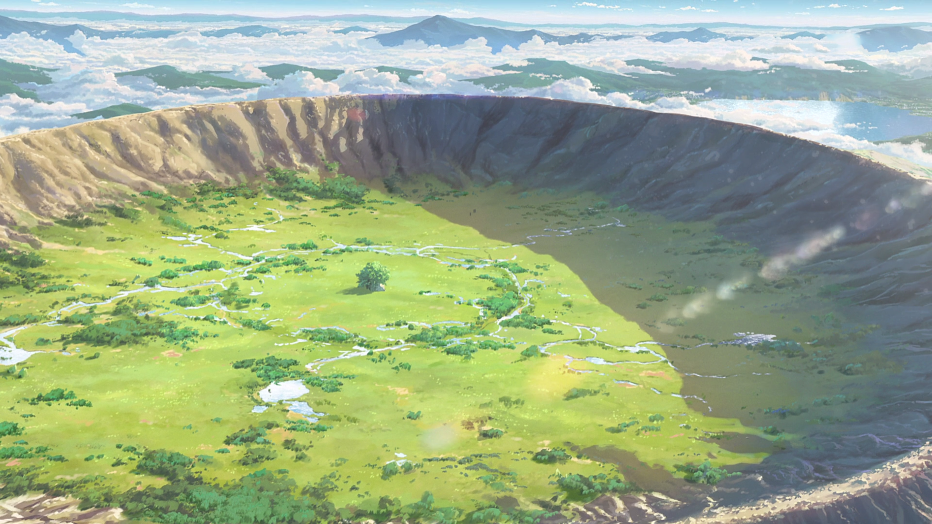 Crater landscape with rivers and mountains HD Wallpaper