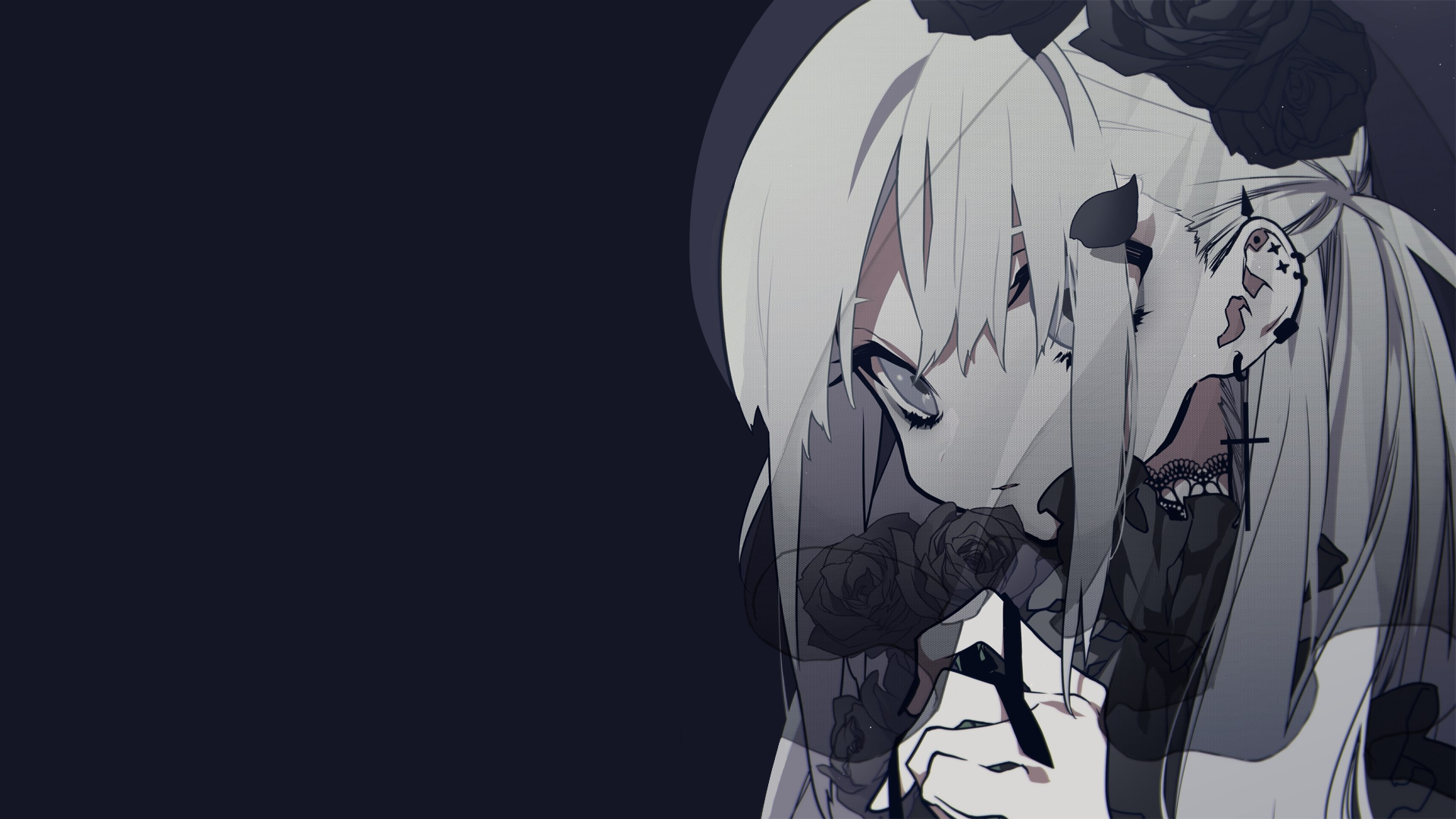 Anime girl with gray hair and black roses HD Wallpaper