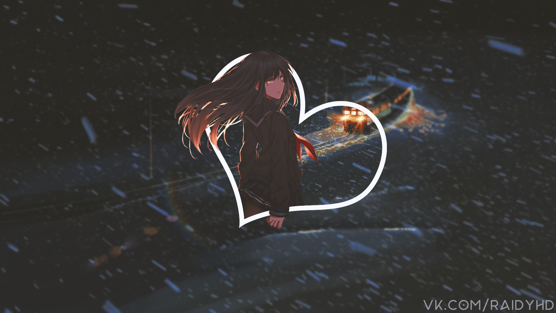Anime girl in heart frame with train in background HD Wallpaper