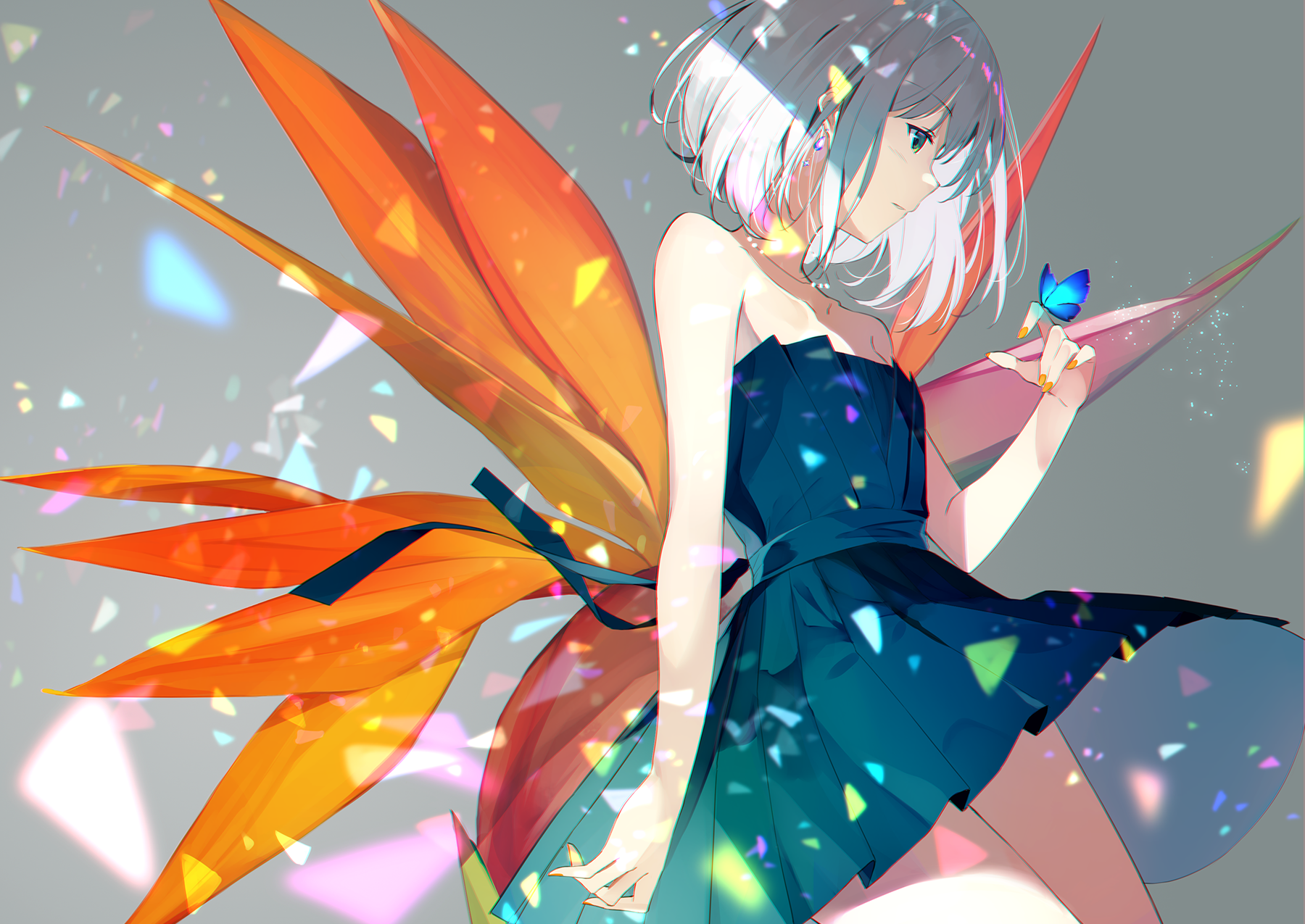 Anime girl with silver hair and orange wings holding a butterfly HD Wallpaper