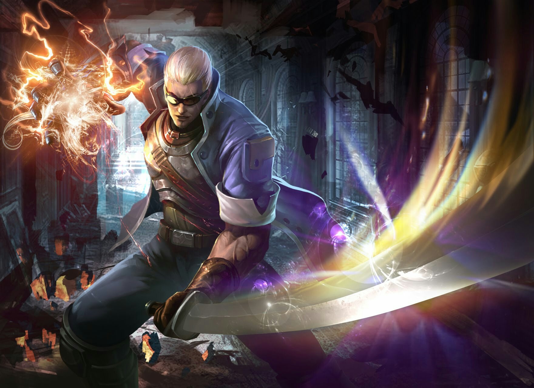 Man with sword and lightning in a ruined building HD Wallpaper