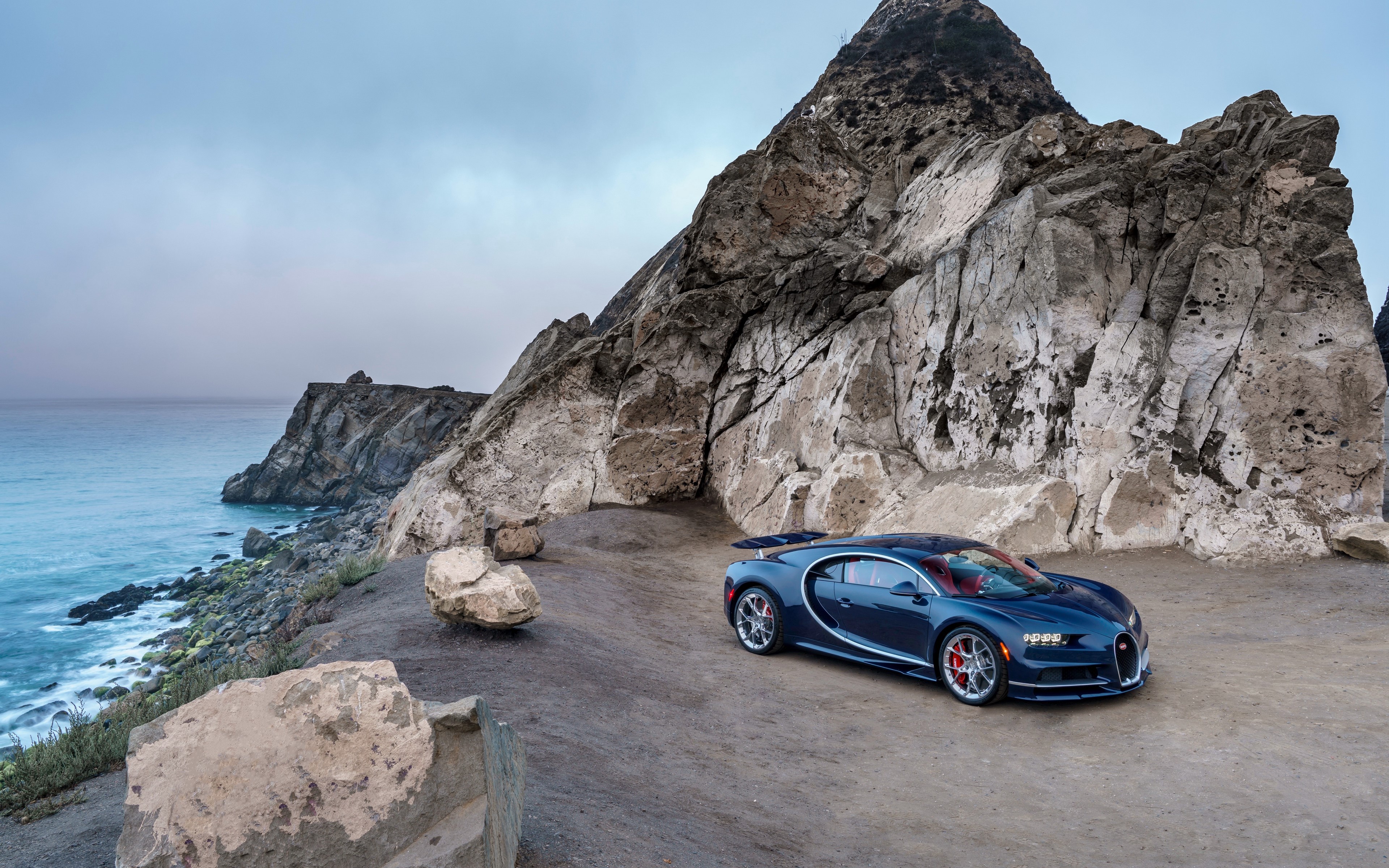 Bugatti Chiron on a rocky coast HD Wallpaper