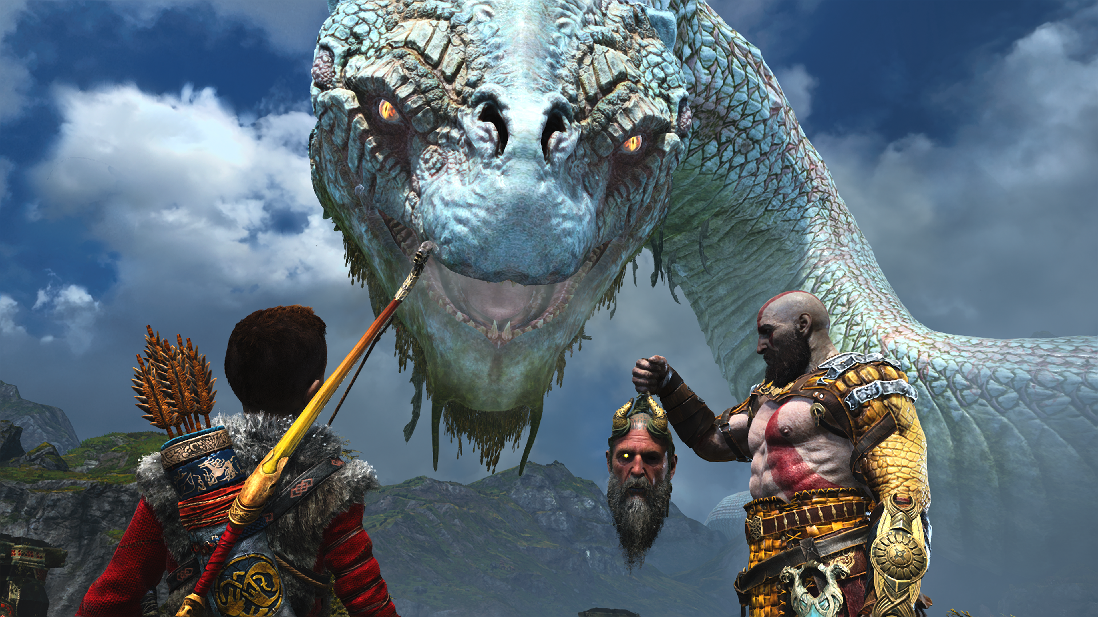 Kratos and Atreus with Serpent Head from God of War HD Wallpaper