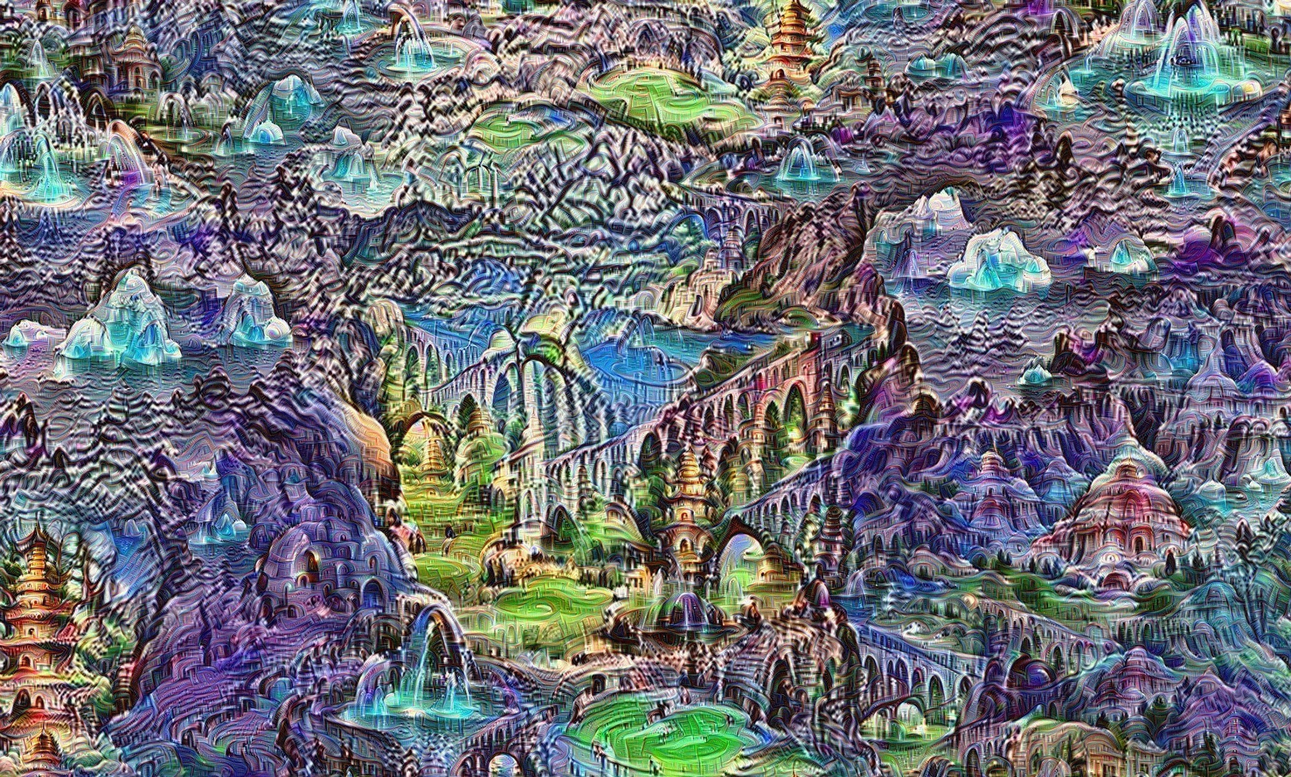 Surreal psychedelic landscape with bridges and pagodas HD Wallpaper