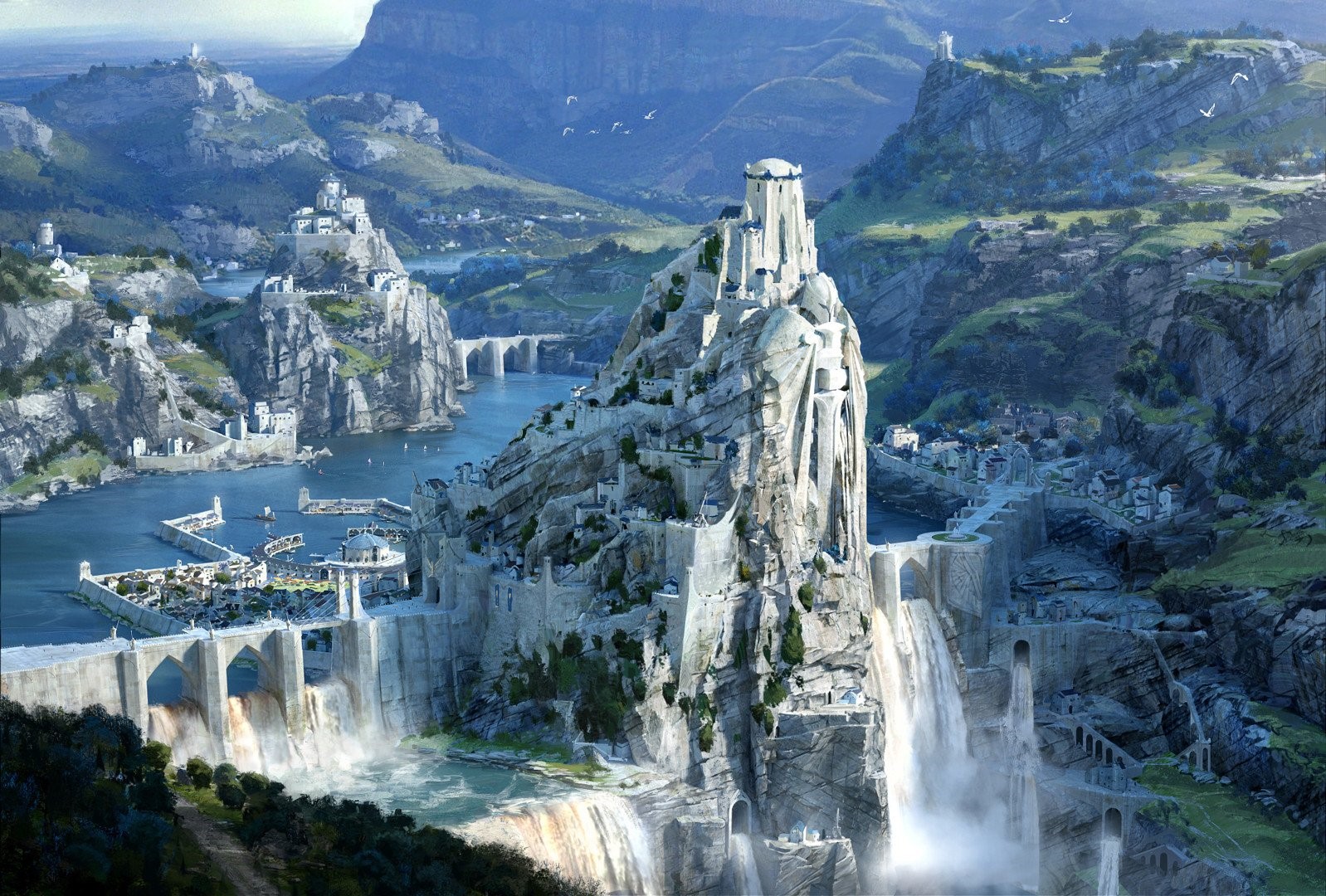 Fantasy city built on a mountain with waterfalls HD Wallpaper