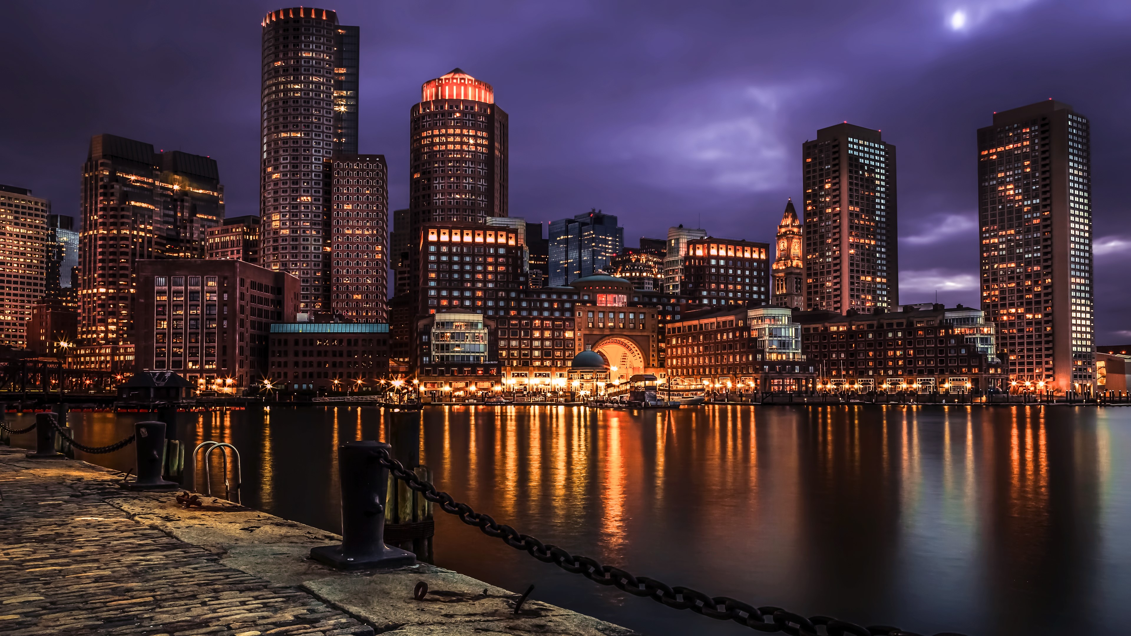 Boston cityscape at night with harbor lights HD Wallpaper