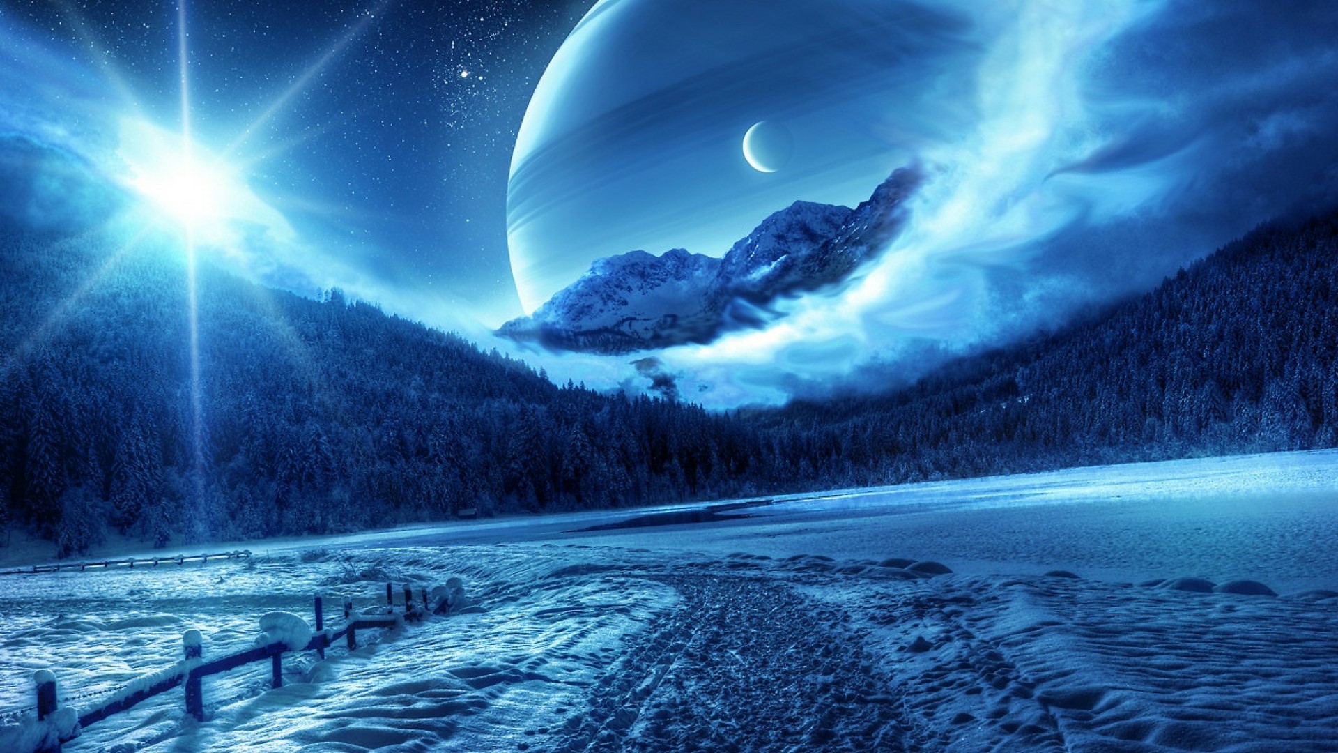 Alien planet landscape with large planet and moon HD Wallpaper